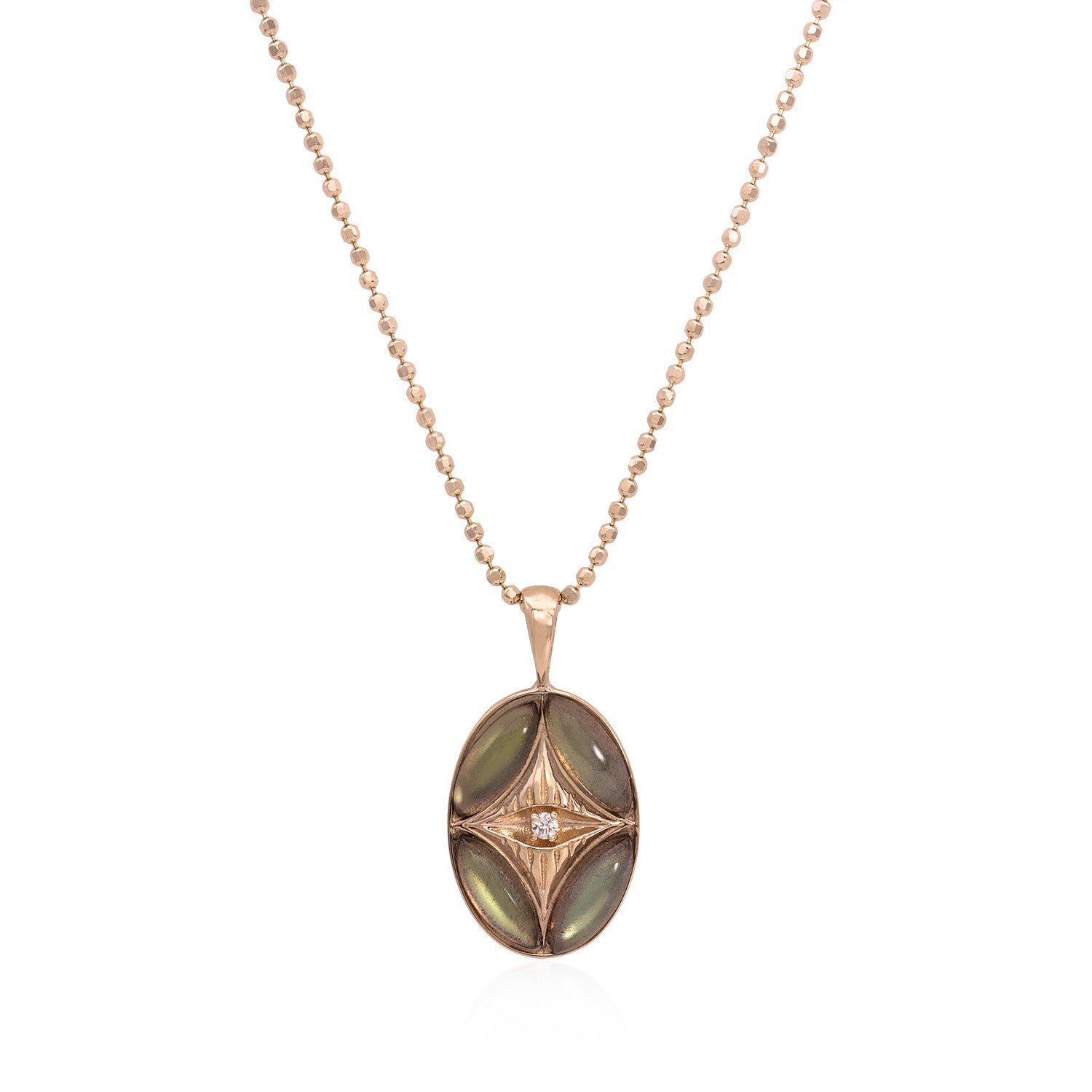 Vale Jewelry Perrine Necklace with Labradorite and White Brilliant Cut Round Diamond with Teardrop Bail on Faceted Bead Chain in 14 Karat Rose Gold Close Up