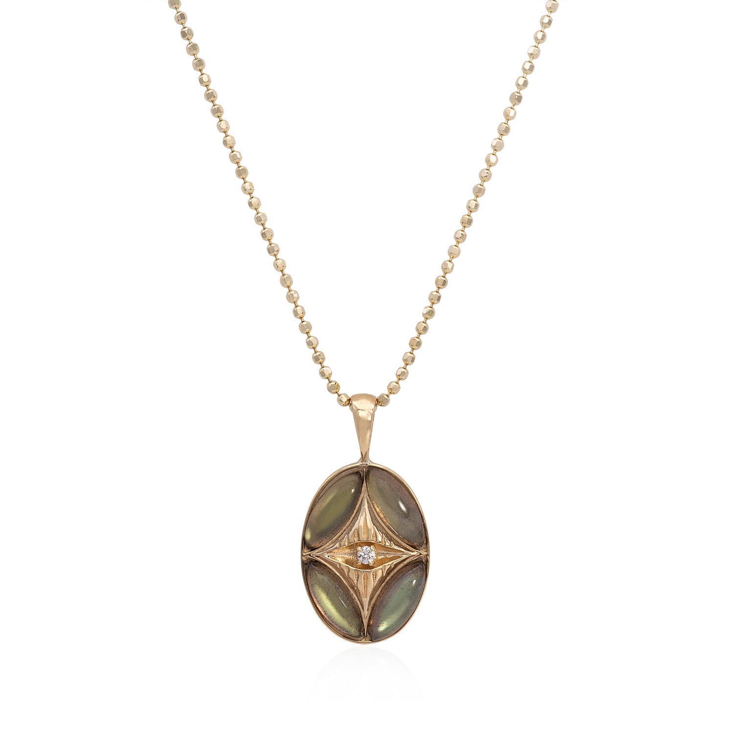 Vale Jewelry Perrine Necklace with Labradorite and White Brilliant Cut Round Diamond with Teardrop Bail on Faceted Bead Chain in 14 Karat Yellow Gold Close Up