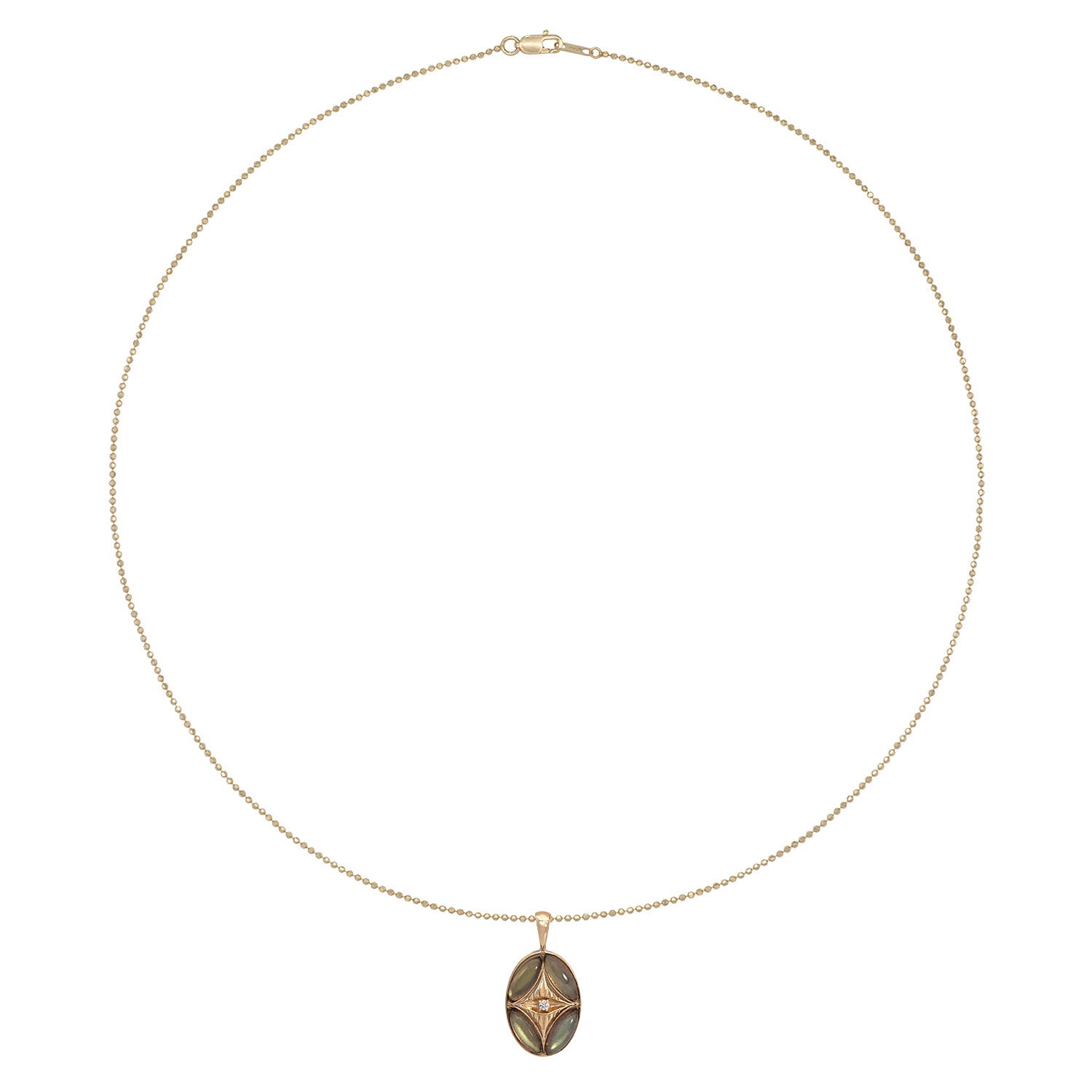 Vale Jewelry Perrine Necklace with Labradorite and White Brilliant Cut Round Diamond with Teardrop Bail on Faceted Bead Chain in 14 Karat Yellow Gold Full Circle