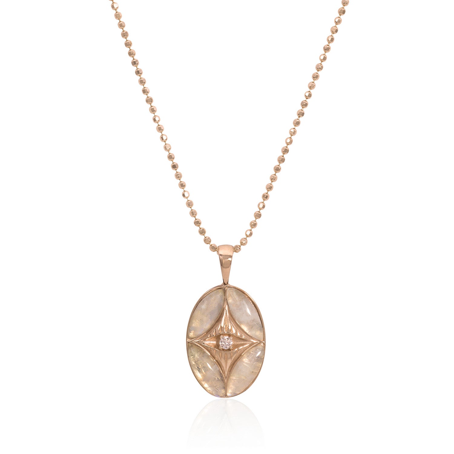 Vale Jewelry Perrine Necklace with Moonstone and White Brilliant Cut Round Diamond with Teardrop Bail on Faceted Bead Chain in 14 Karat Rose Gold Close Up