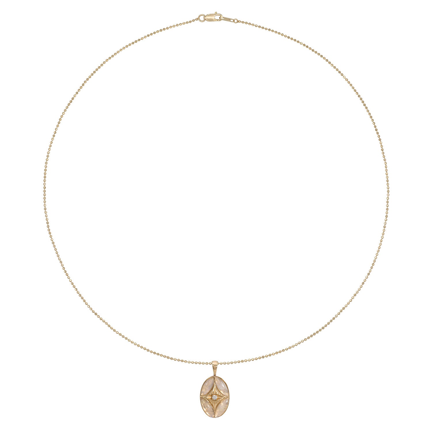 Vale Jewelry Perrine Necklace with Moonstone and White Brilliant Cut Round Diamond with Teardrop Bail on Faceted Bead Chain in 14 Karat Yellow Gold Full Circle
