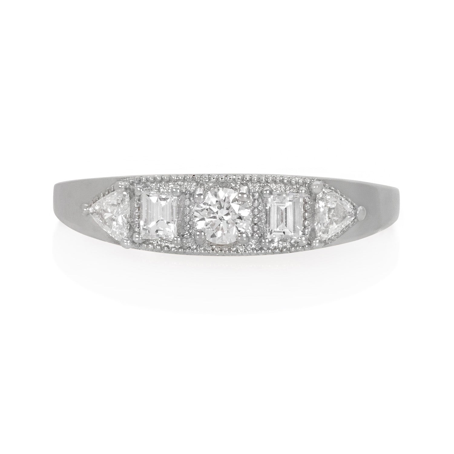 Vale Jewelry Petite Balance Ring with White Trillion, Emerald and Round Brilliant Cut White Diamonds in 14 Karat White Gold Front View