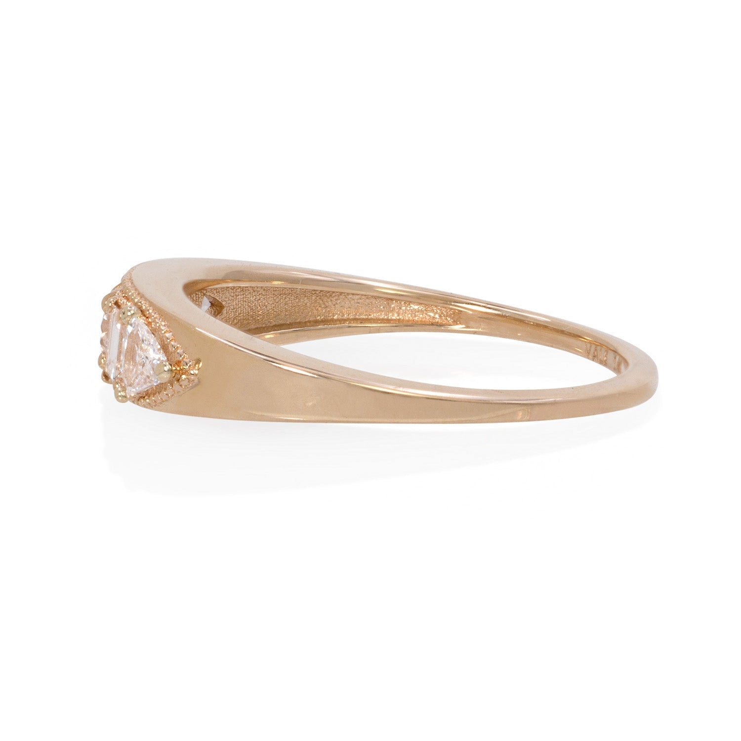Vale Jewelry Petite Balance Ring with White Trillion, Emerald and Round Brilliant Cut White Diamonds in 14 Karat Yellow Gold Side View