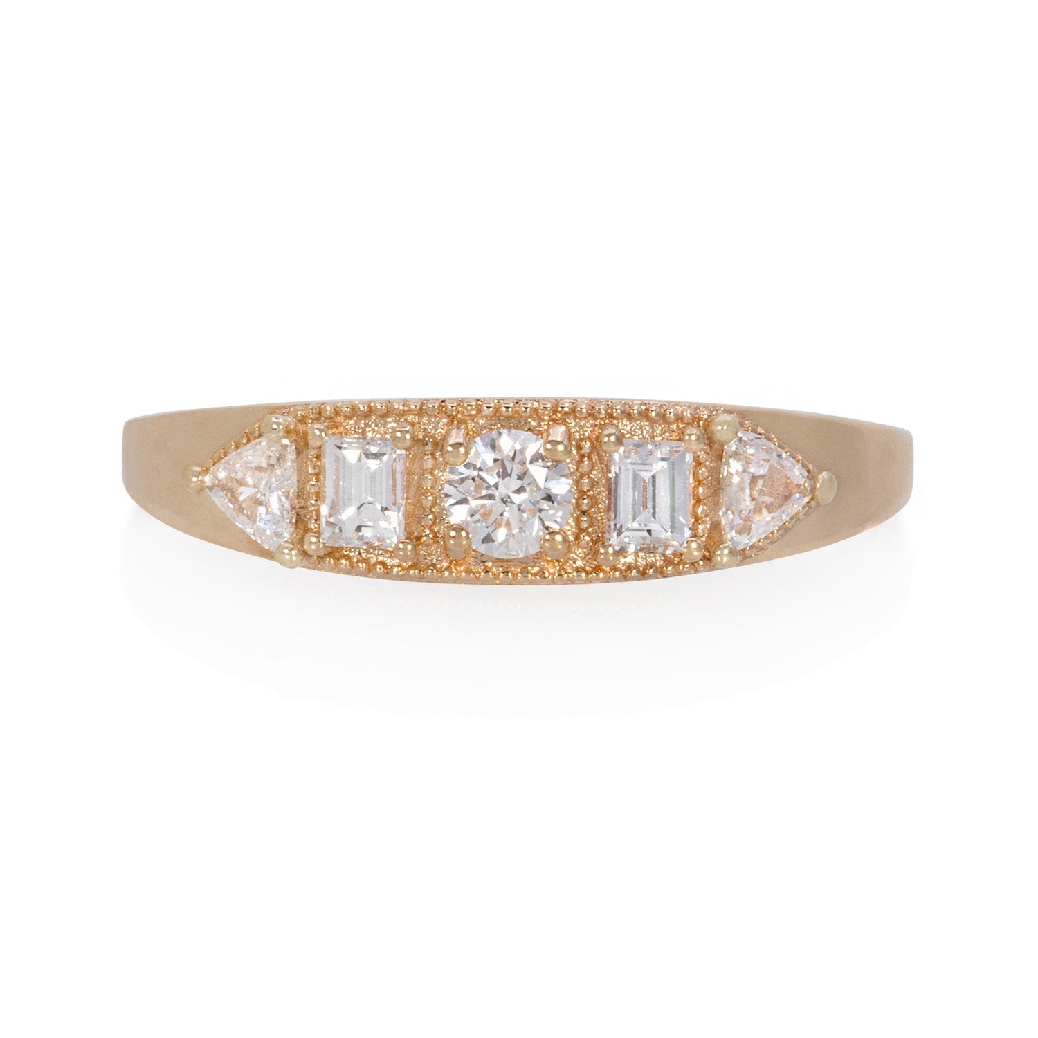 Vale Jewelry Petite Balance Ring with White Trillion, Emerald and Round Brilliant Cut White Diamonds in 14 Karat Yellow Gold Front View