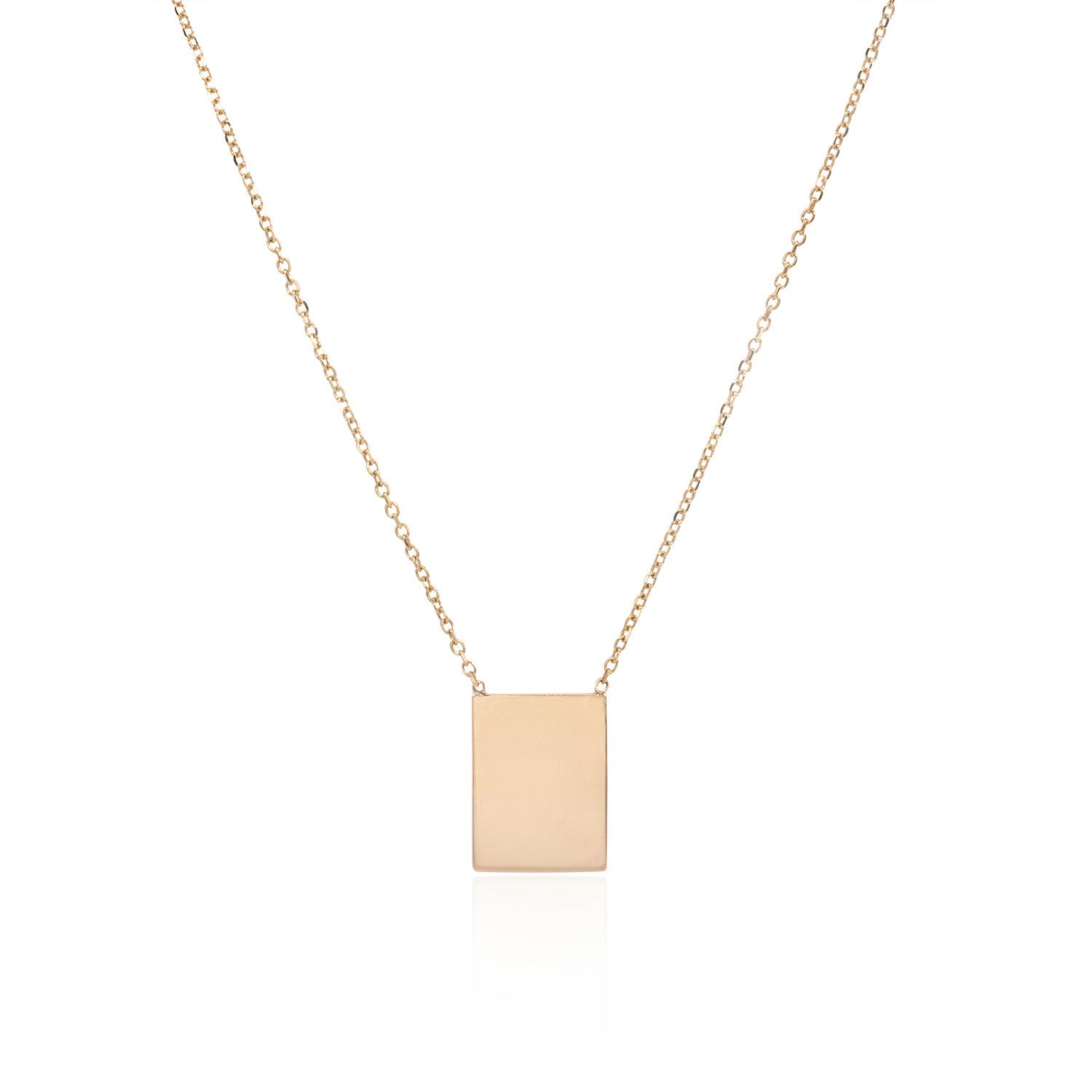 Vale Jewelry Rectangle Plate Necklace on Diamond Cut Cable Chain in 14 Karat Rose Gold Close Up