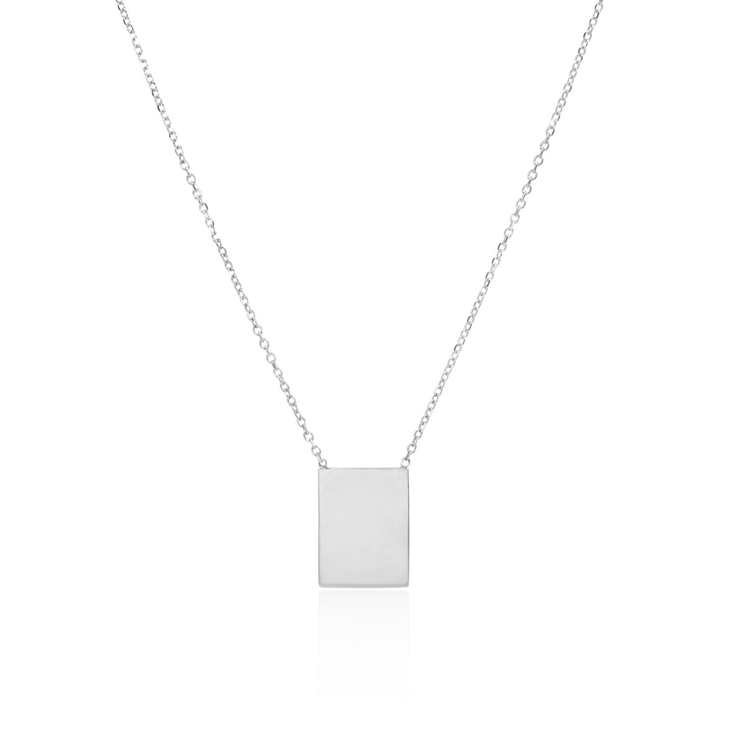 Vale Jewelry Rectangle Plate Necklace on Diamond Cut Cable Chain in 14 Karat White Gold Close Up