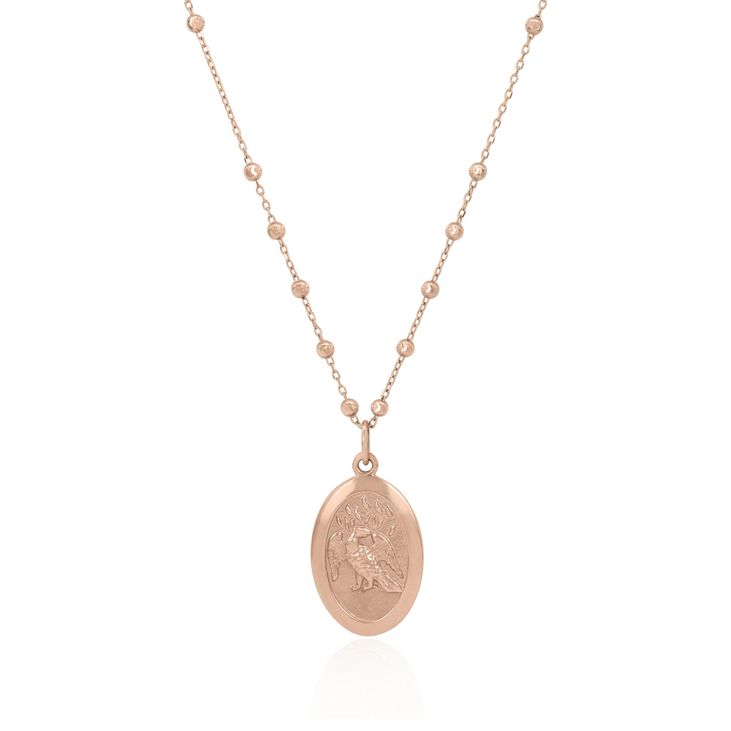 Vale Jewelry Saint Phoenix Medallion Necklace on Rosary Chain in 14 Karat Rose Gold Close Up