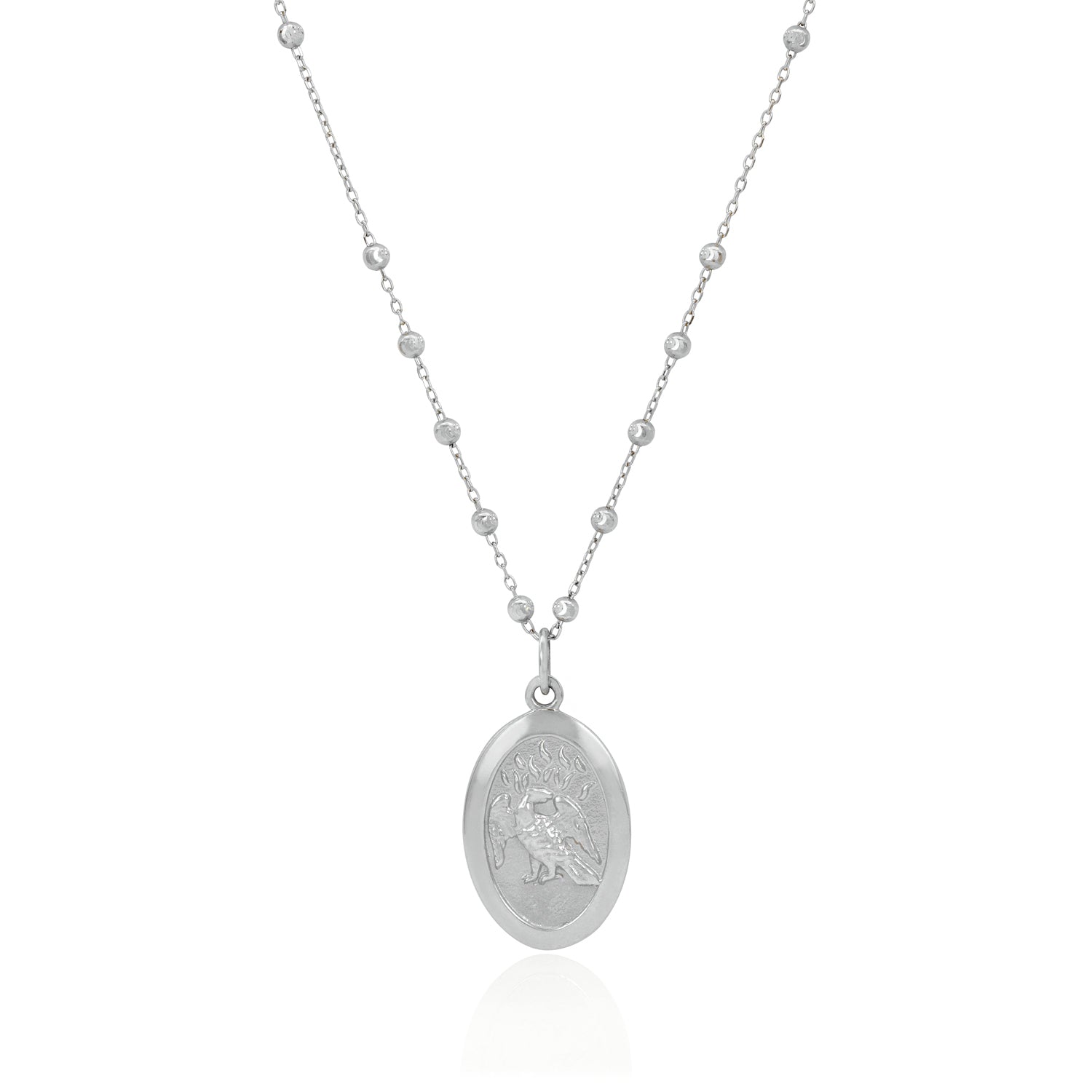 Vale Jewelry Saint Phoenix Medallion Necklace on Rosary Chain in 14 Karat White Gold Close Up