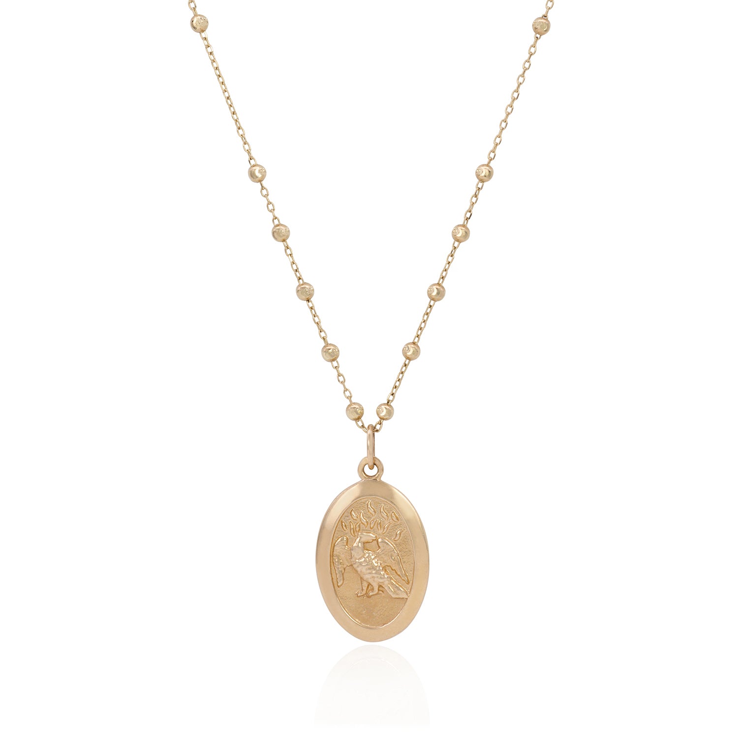 Vale Jewelry Saint Phoenix Medallion Necklace on Rosary Chain in 14 Karat Yellow Gold Close Up