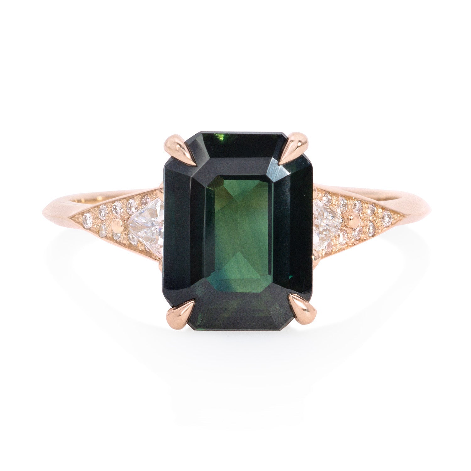 Vale Jewelry Severine Ring with Emerald Cut Green Sapphire and White Diamonds in 14 Karat Rose Gold Front View