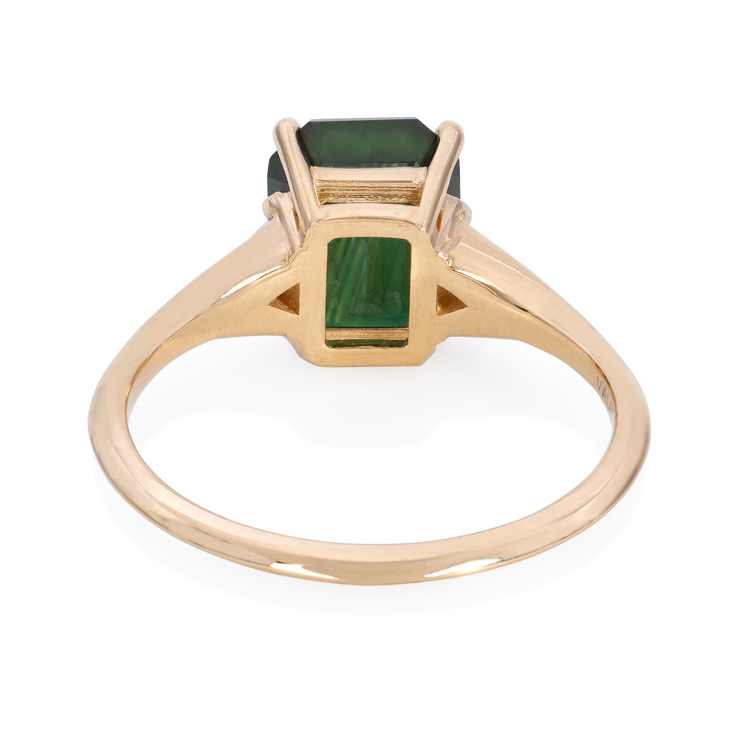 Vale Jewelry Severine Ring with Emerald Cut Green Sapphire and White Diamonds in 14 Karat Yellow Gold Back View