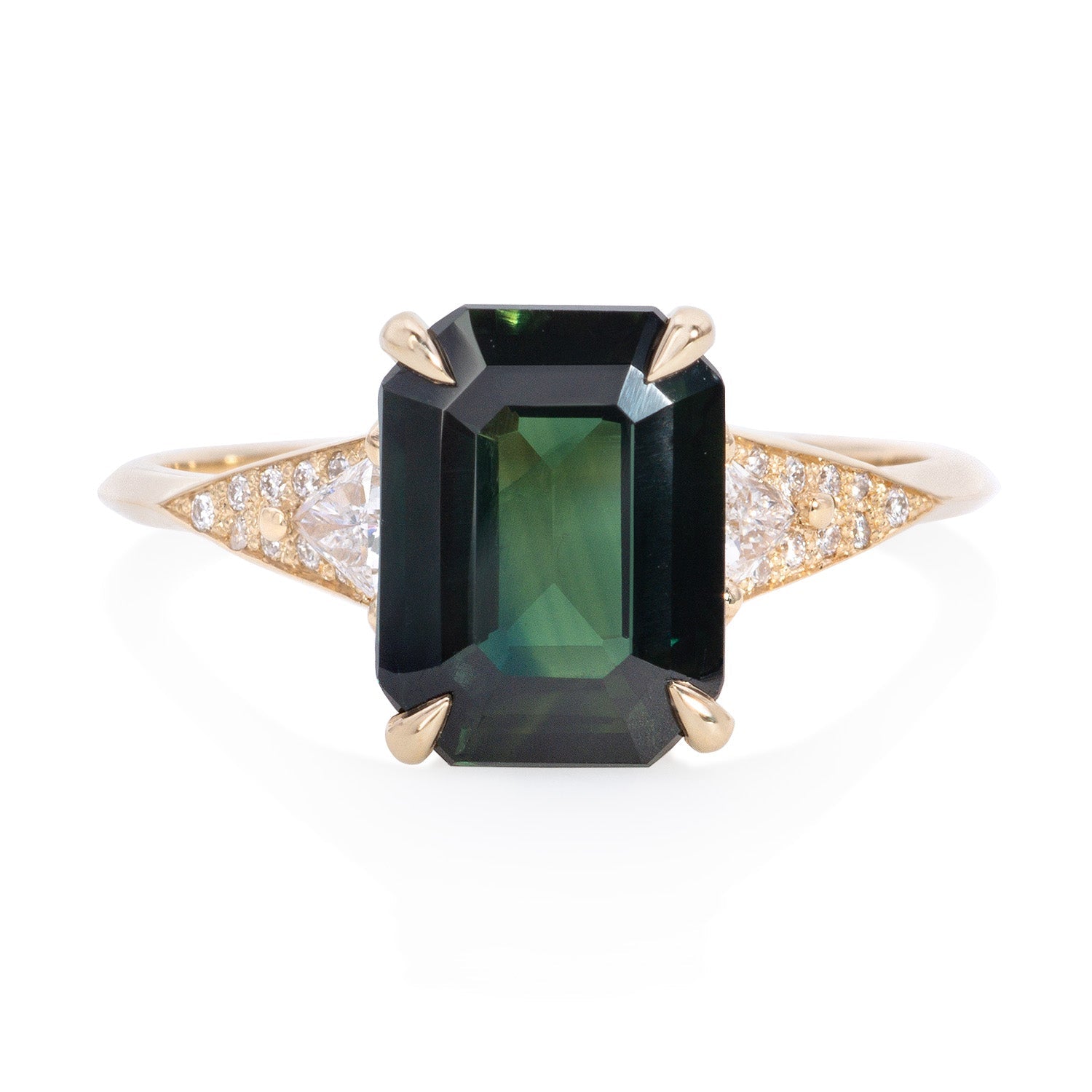 Vale Jewelry Severine Ring with Emerald Cut Green Sapphire and White Diamonds in 14 Karat Yellow Gold Front View
