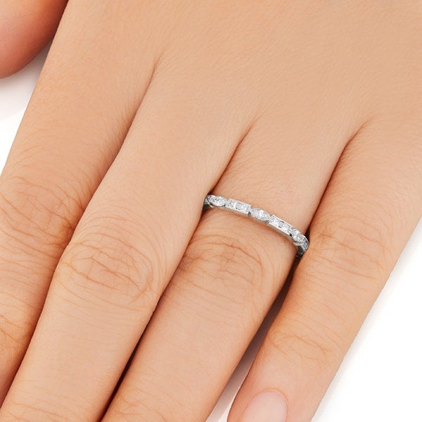 Vale Jewelry Slim Morse Ring with Princess and Marquise Cut White Diamonds in 14 Karat White Gold Hand View