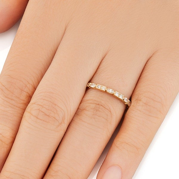 Vale Jewelry Slim Morse Ring with Princess and Marquise Cut White Diamonds in 14 Karat Yellow Gold Hand View