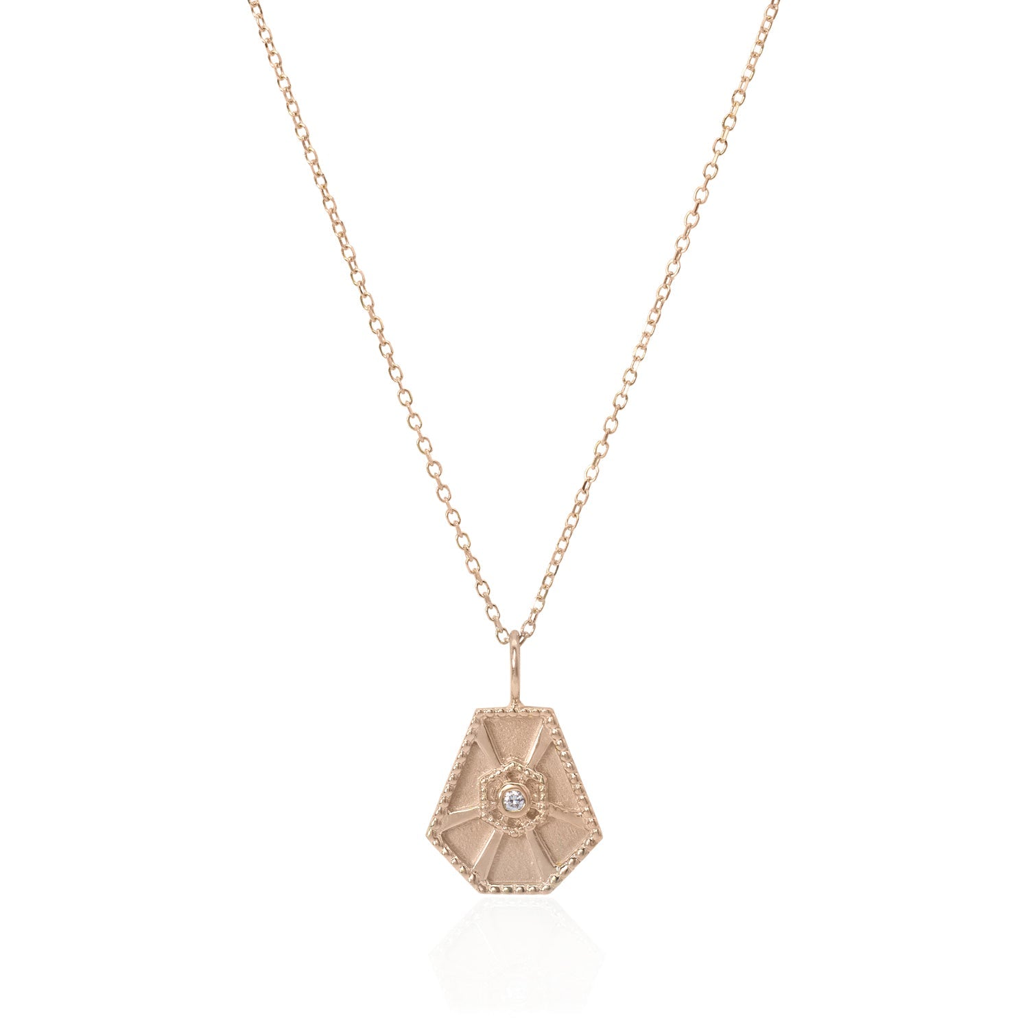 Vale Jewelry Small Arcadia Necklace with White Brilliant Cut Diamond on Diamond Cut Cable Chain in 14 Karat Rose Gold Close Up