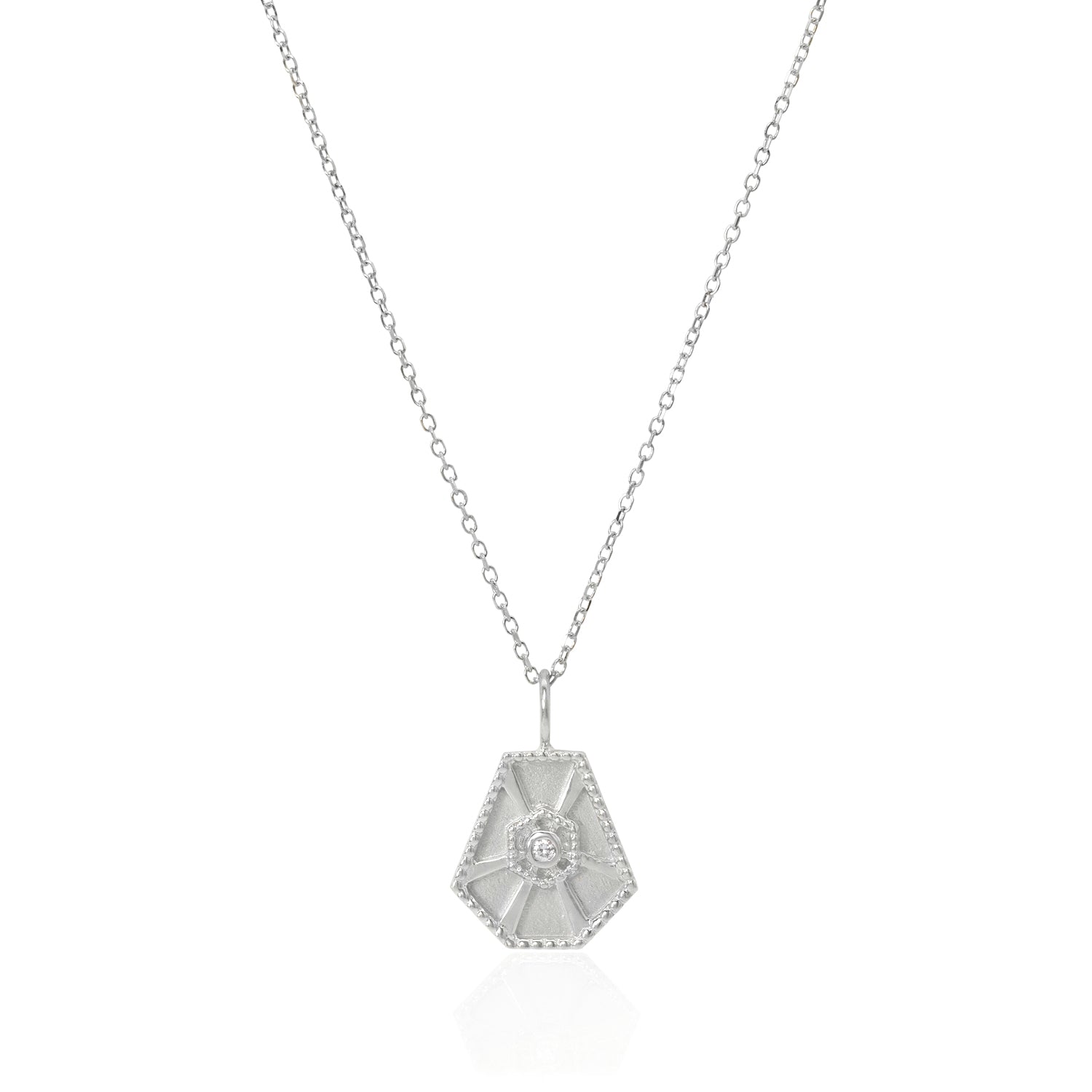 Vale Jewelry Small Arcadia Necklace with White Brilliant Cut Diamond on Diamond Cut Cable Chain in 14 Karat White Gold Close Up
