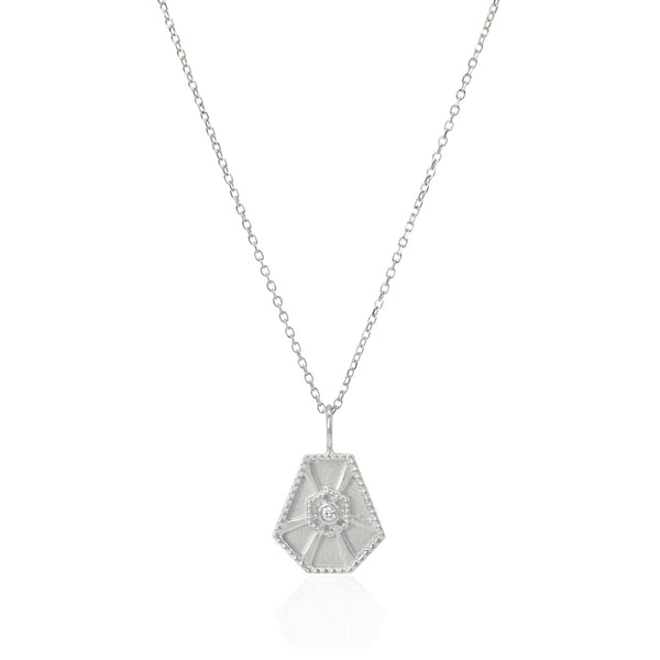 Vale Jewelry Small Arcadia Necklace with White Brilliant Cut Diamond on Diamond Cut Cable Chain in 14 Karat White Gold Close Up 