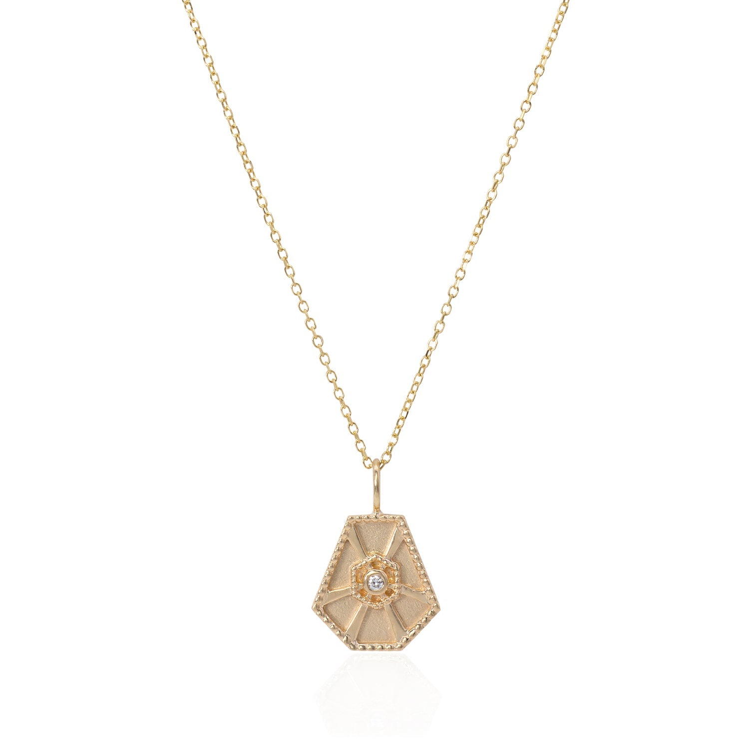 Vale Jewelry Small Arcadia Necklace with White Brilliant Cut Diamond on Diamond Cut Cable Chain in 14 Karat Yellow Gold Close Up