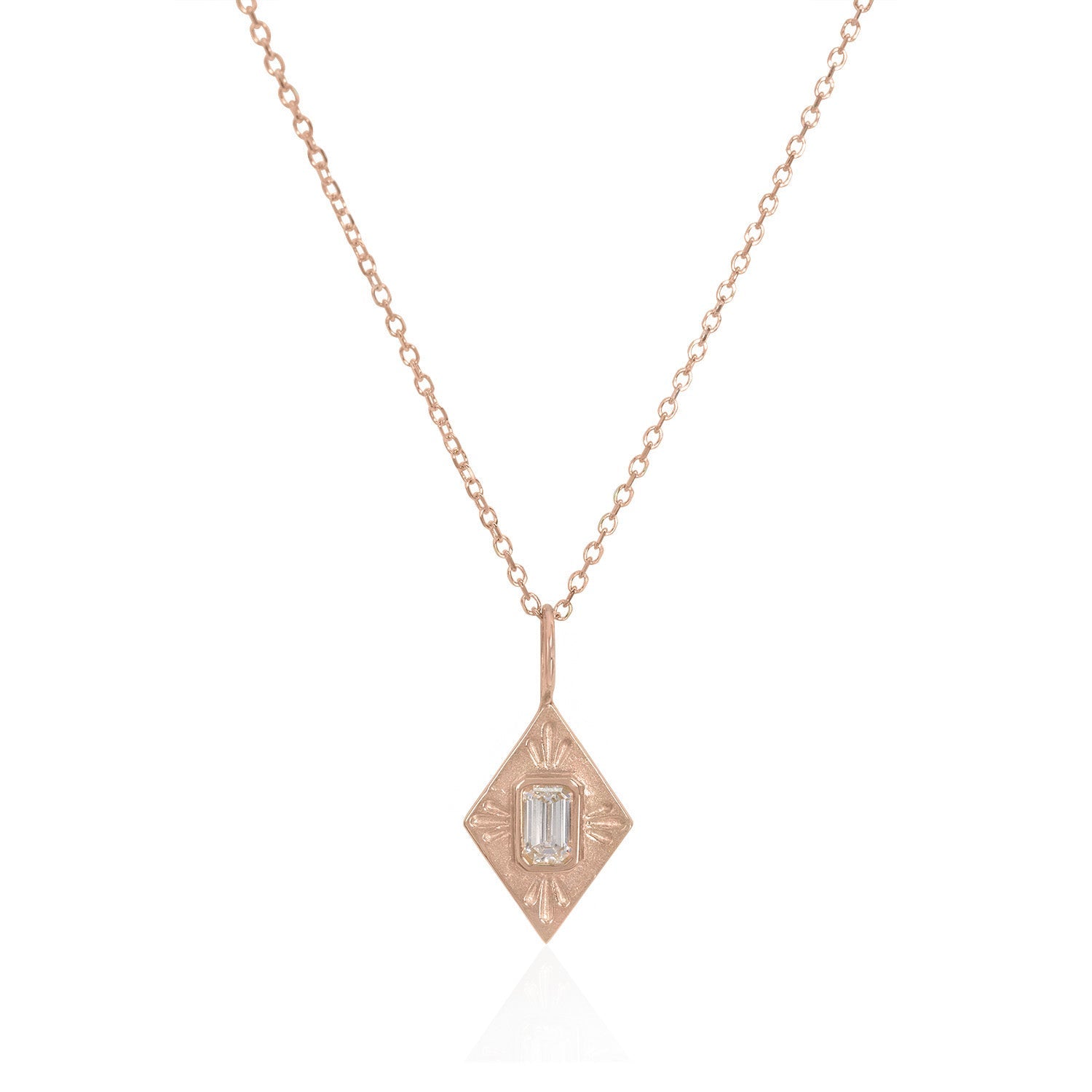 Vale Jewelry Small Fleche Amulet Necklace with White Emerald Cut Diamond on Diamond Cut Cable Chain in 14 Karat Rose Gold Close Up