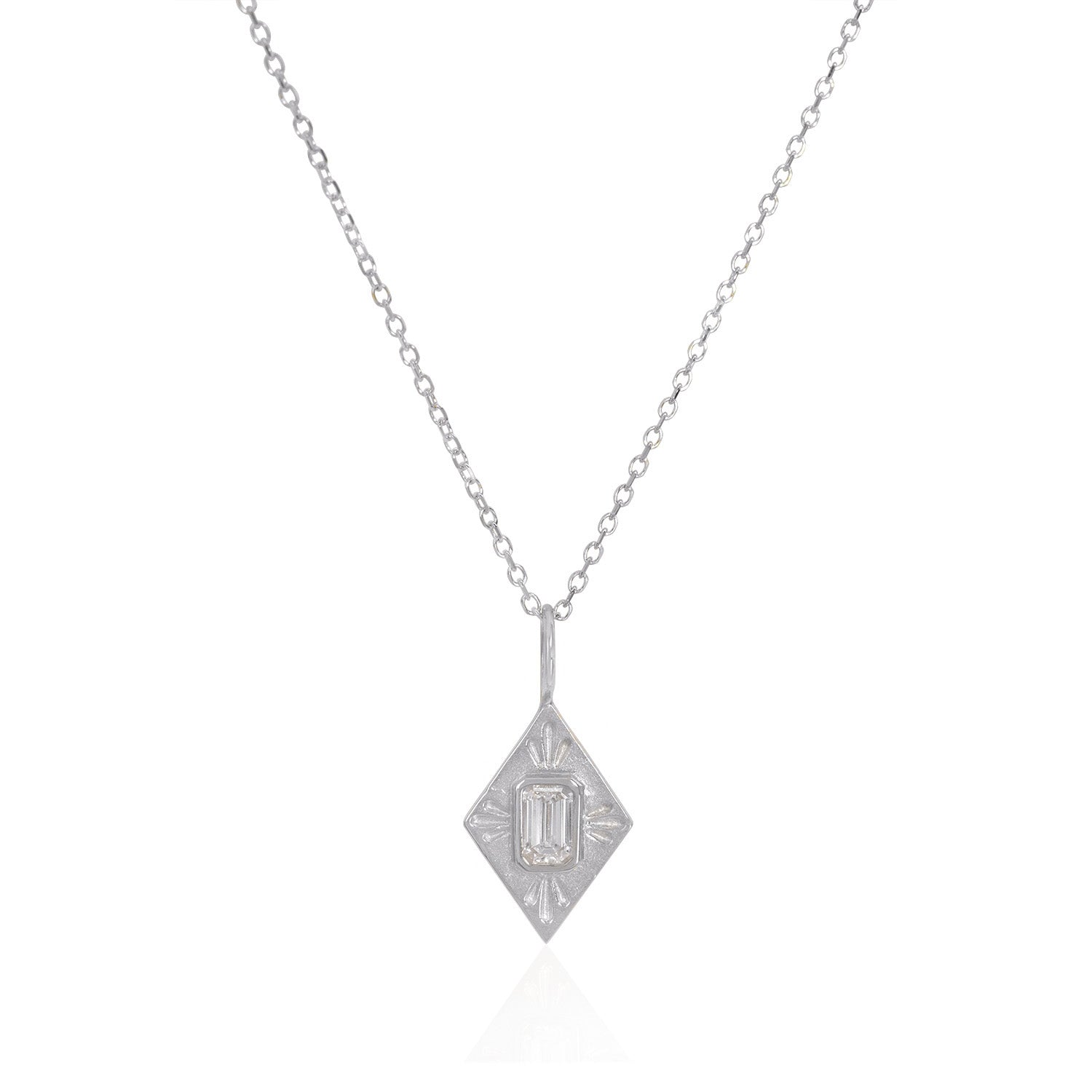 Vale Jewelry Small Fleche Amulet Necklace with White Emerald Cut Diamond on Diamond Cut Cable Chain in 14 Karat White Gold Close Up