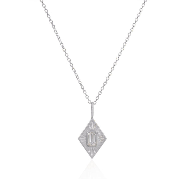 Vale Jewelry Small Fleche Amulet Necklace with White Emerald Cut Diamond on Diamond Cut Cable Chain in 14 Karat White Gold Close Up 
