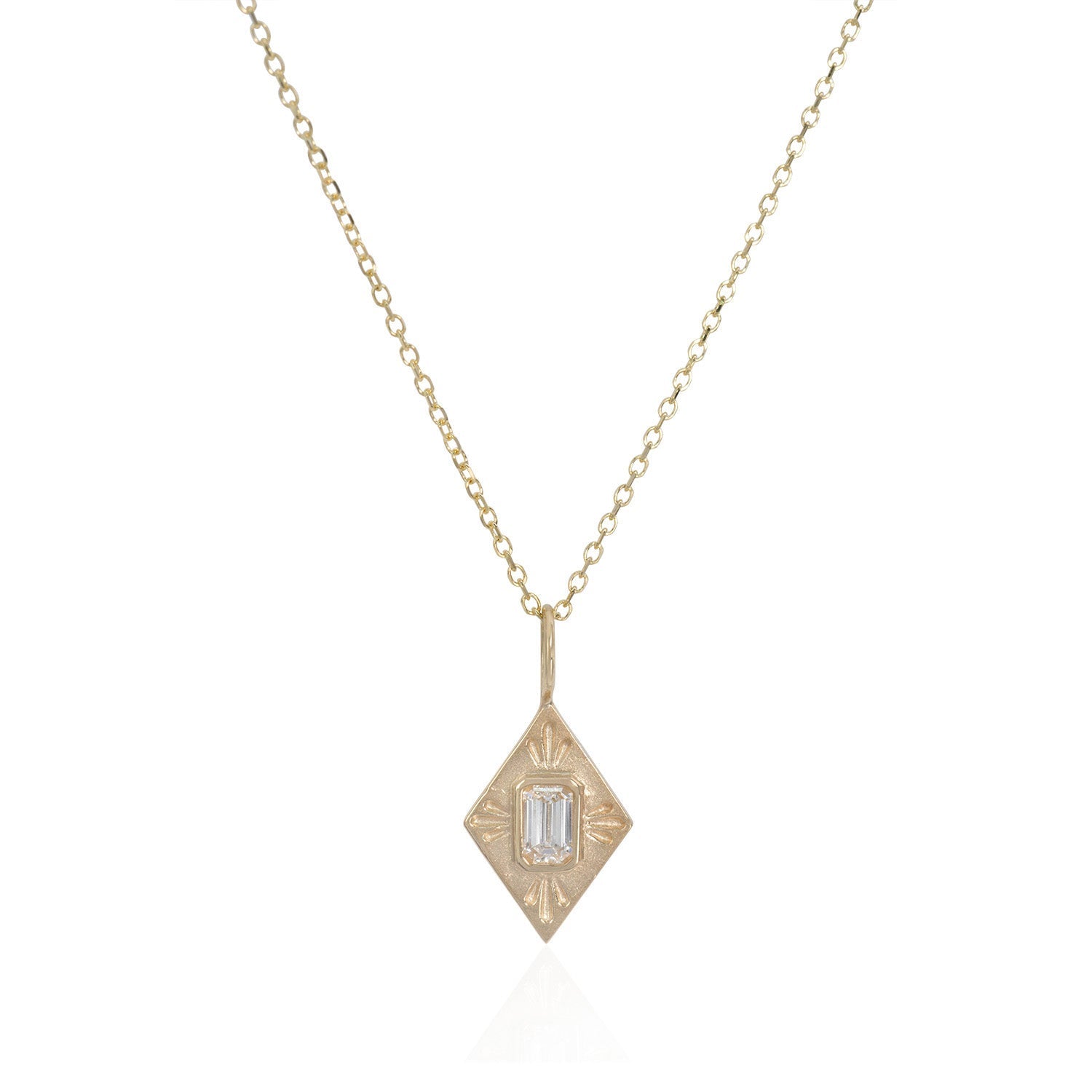 Vale Jewelry Small Fleche Amulet Necklace with White Emerald Cut Diamond on Diamond Cut Cable Chain in 14 Karat Yellow Gold Close Up