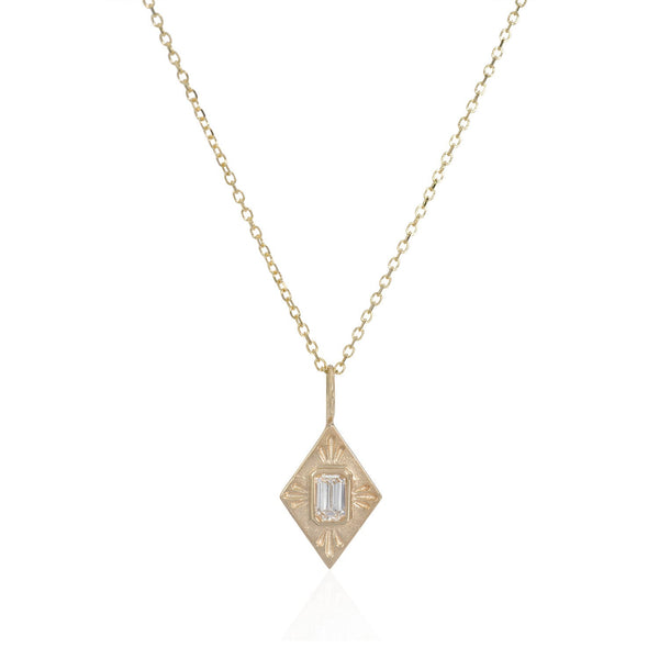 Vale Jewelry Small Fleche Amulet Necklace with White Emerald Cut Diamond on Diamond Cut Cable Chain in 14 Karat Yellow Gold Close Up 