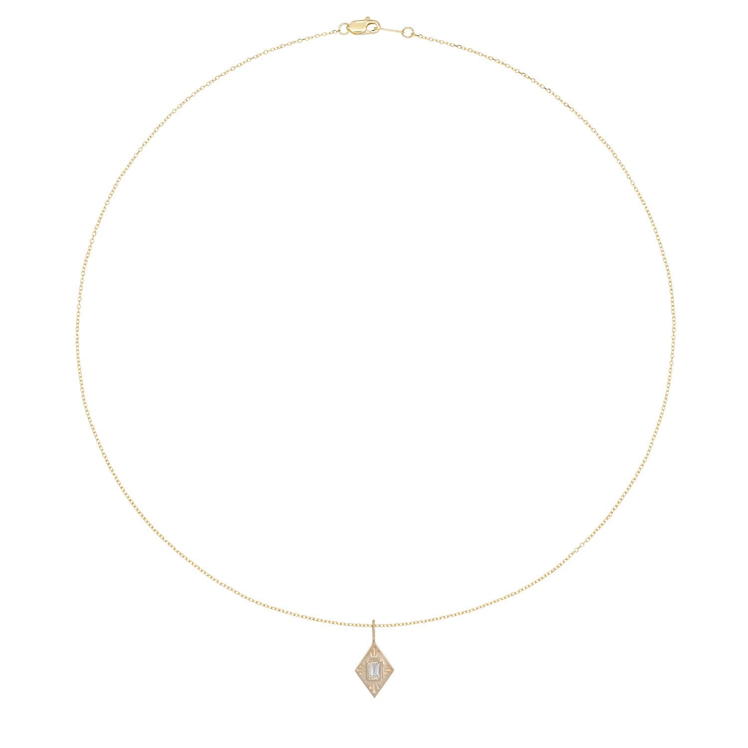 Vale Jewelry Small Fleche Amulet Necklace with White Emerald Cut Diamond on Diamond Cut Cable Chain in 14 Karat Yellow Gold Full Circle
