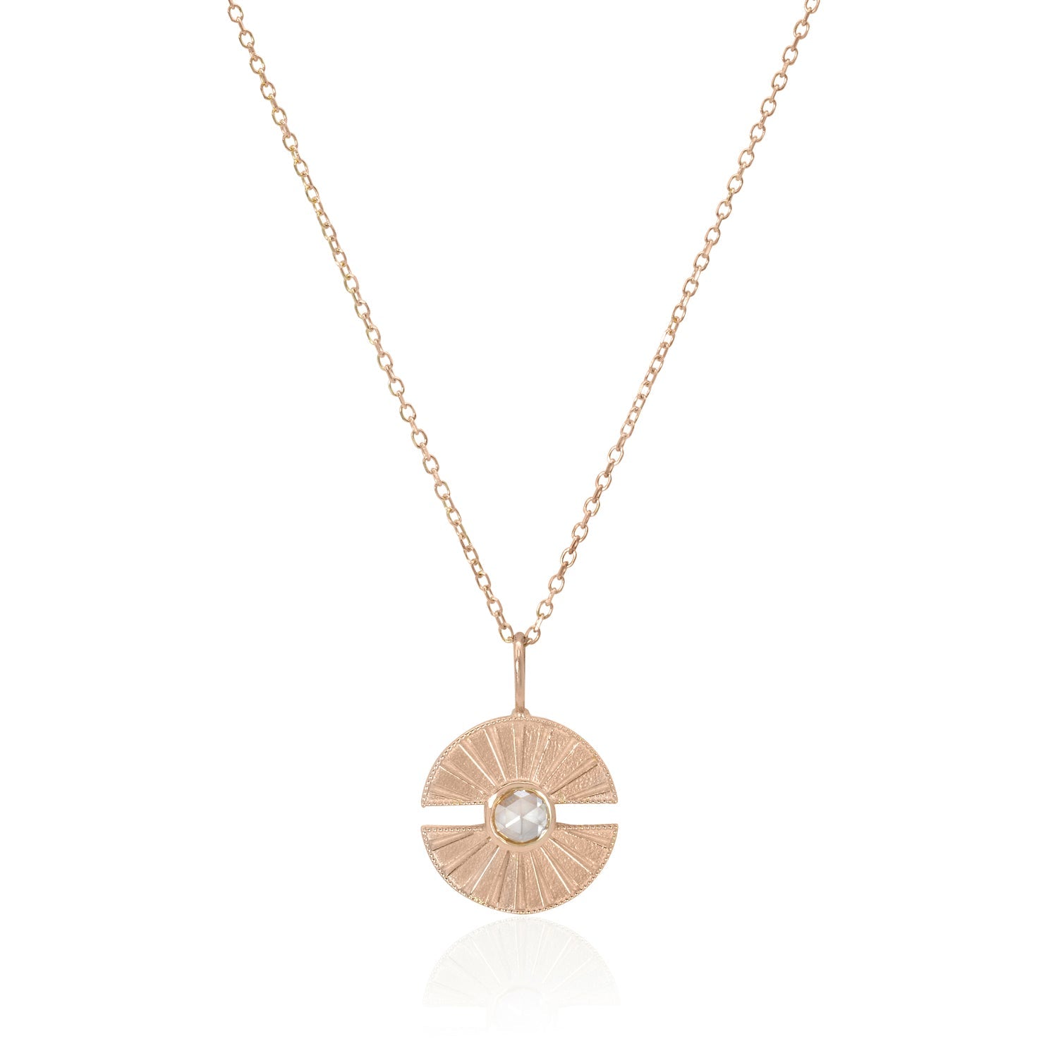 Vale Jewelry Small Luce Amulet Necklace with White Rose Cut Diamond on Diamond Cut Cable Chain in 14 Karat Rose Gold Close Up