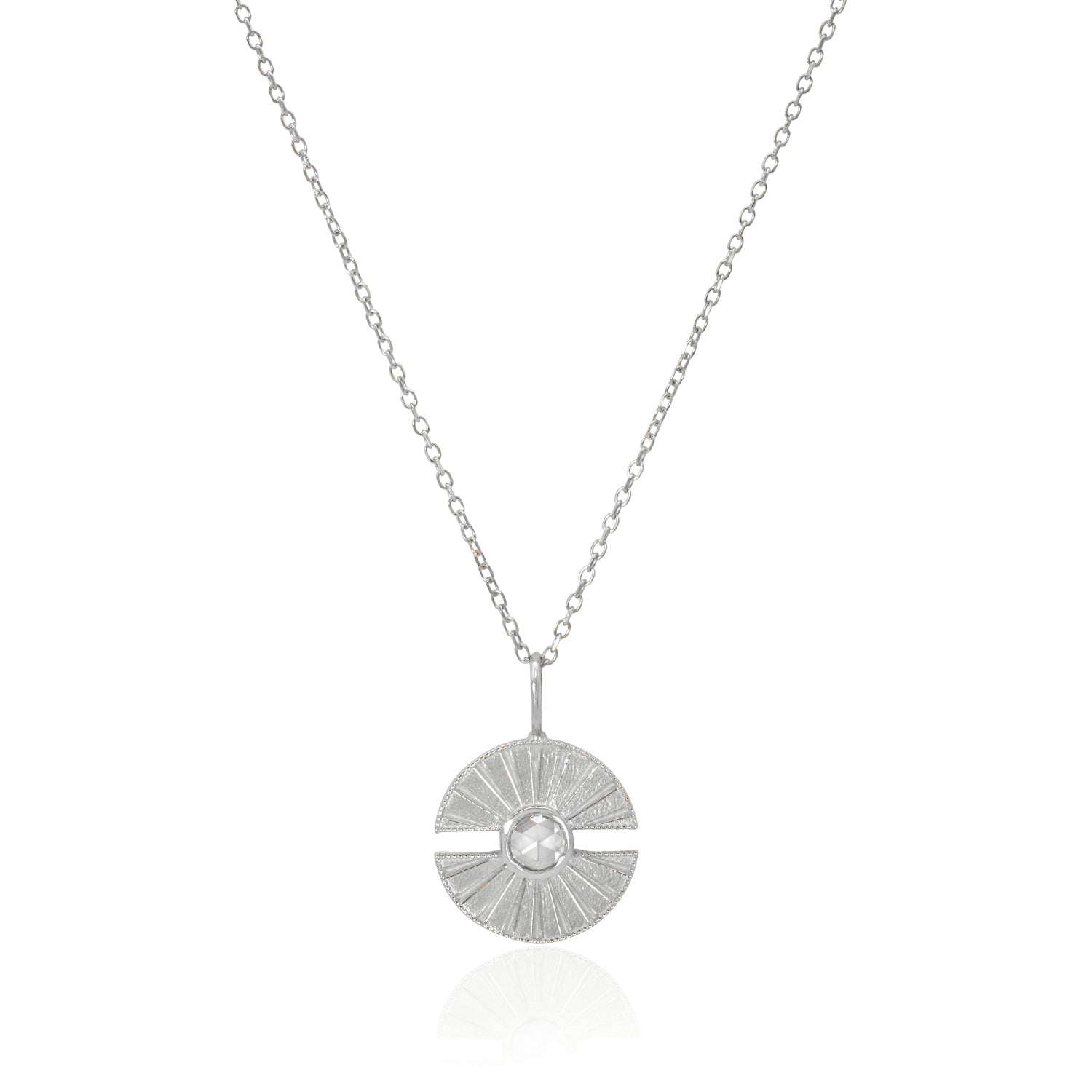 Vale Jewelry Small Luce Amulet Necklace with White Rose Cut Diamond on Diamond Cut Cable Chain in 14 Karat White Gold Close Up