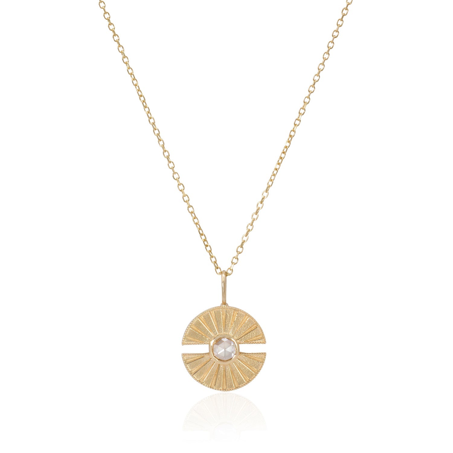 Vale Jewelry Small Luce Amulet Necklace with White Rose Cut Diamond on Diamond Cut Cable Chain in 14 Karat Yellow Gold Close Up
