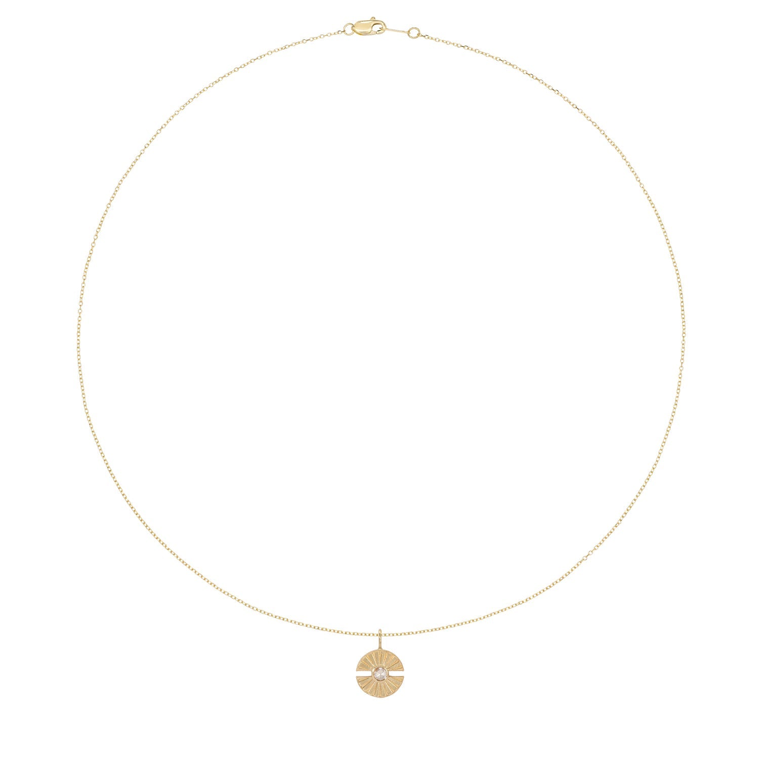 Vale Jewelry Small Luce Amulet Necklace with White Rose Cut Diamond on Diamond Cut Cable Chain in 14 Karat Yellow Gold Full Circle