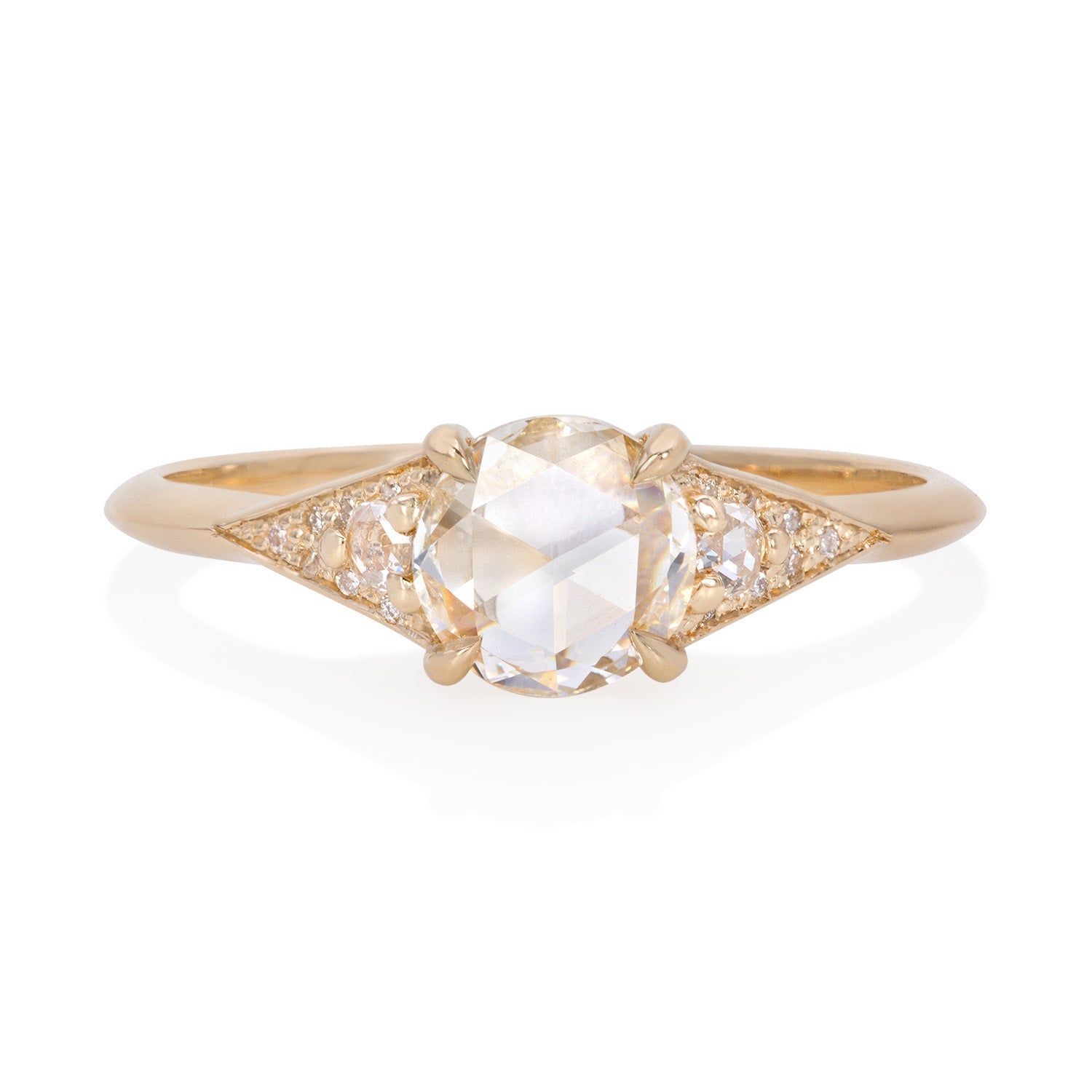 Vale Jewelry Small Sandrine Ring with Round Rose Cut White Diamond in 14 Karat Yellow Gold Front View