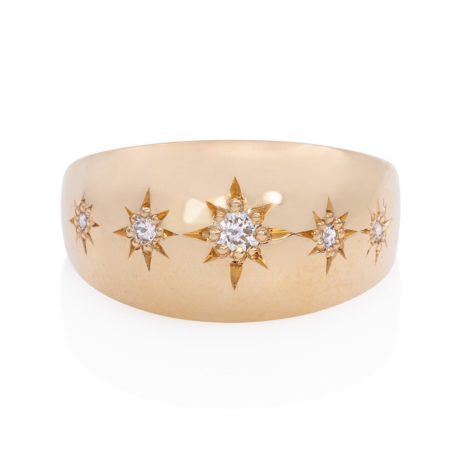 Vale Jewelry Star-Set Diamond Wide Dome Ring with White Diamonds in 14 Karat Yellow Gold Front View