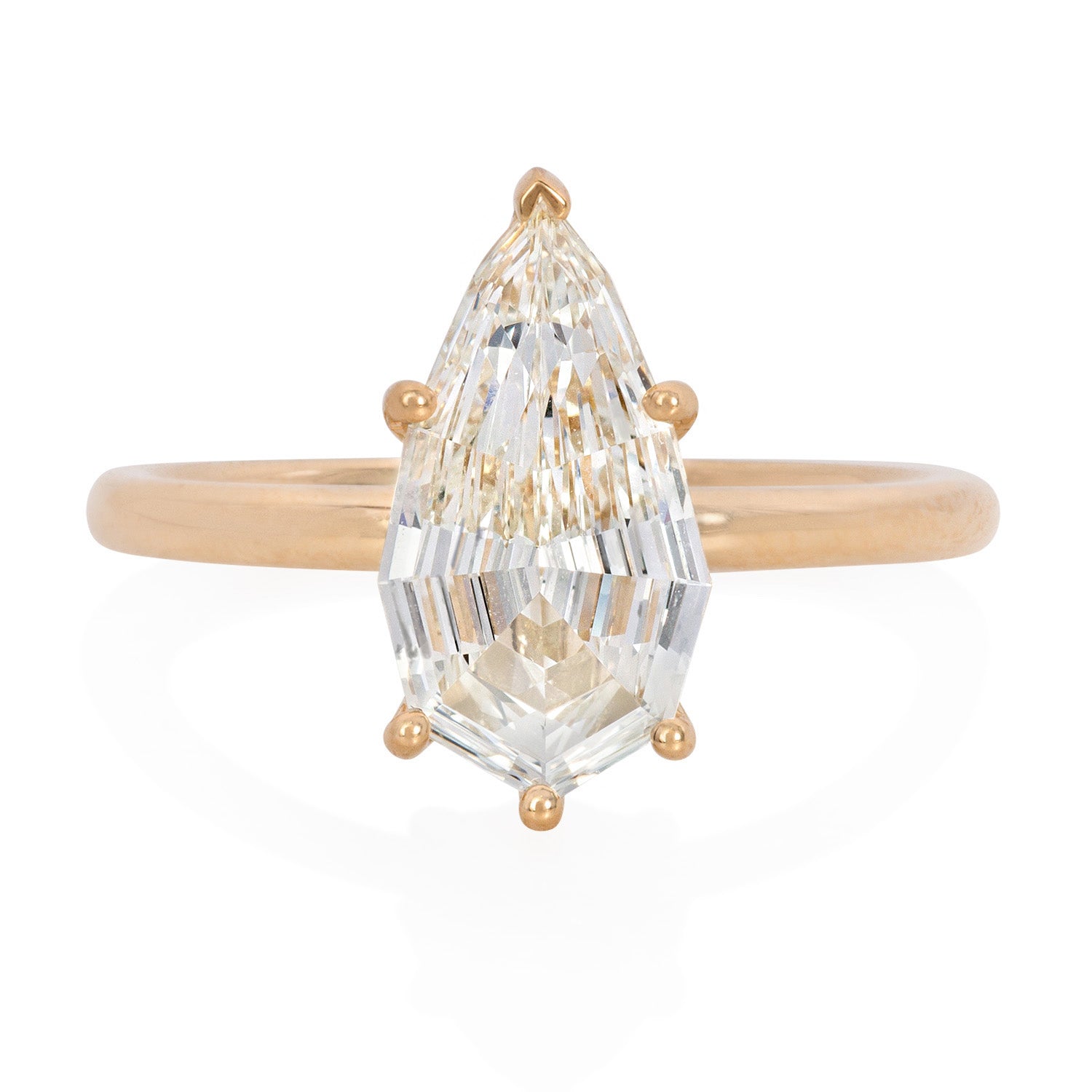 Vale Jewelry One of a Kind Step Cut Pear Solitaire Diamond Ring in Yellow Gold Front View