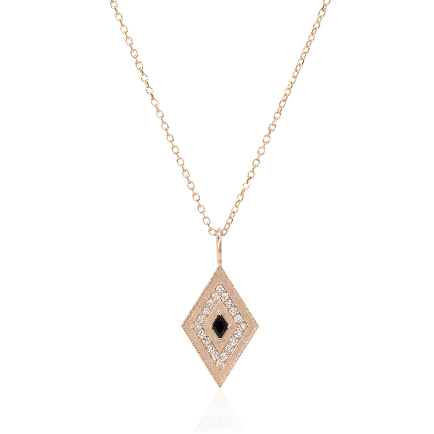 Vale Jewelry Theodora Amulet with Black Onyx and White Diamonds on Diamond Cut Cable Chain in 14 Karat Rose Gold Close Up