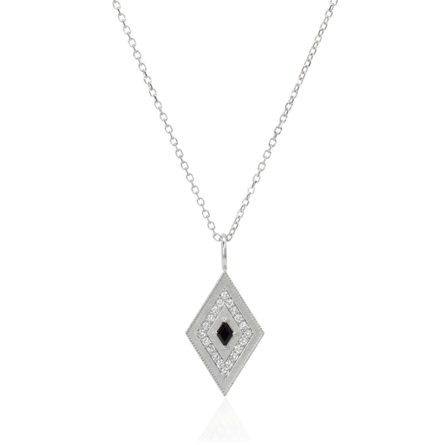 Vale Jewelry Theodora Amulet with Black Onyx and White Diamonds on Diamond Cut Cable Chain in 14 Karat White Gold Close Up