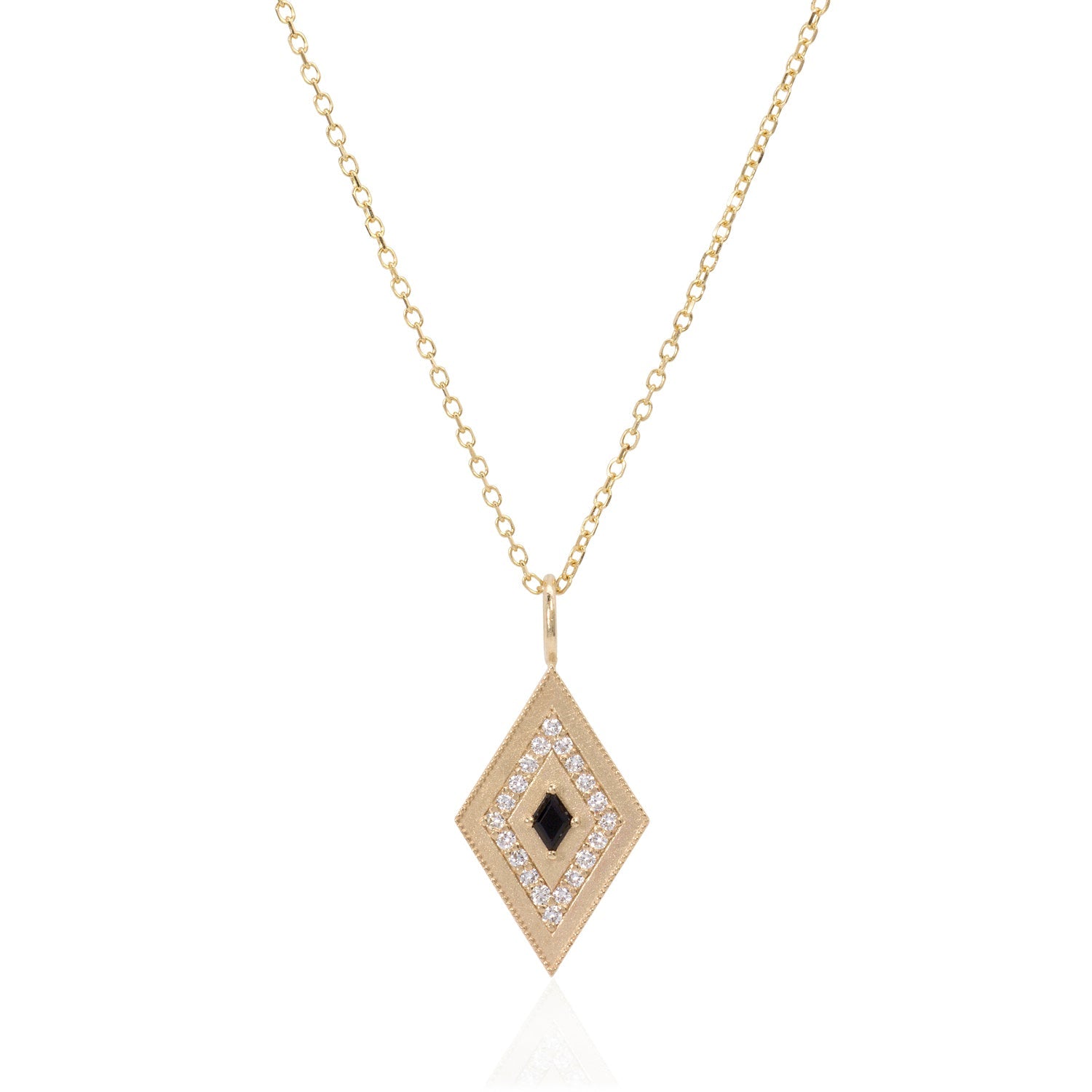 Vale Jewelry Theodora Amulet with Black Onyx and White Diamonds on Diamond Cut Cable Chain in 14 Karat Yellow Gold Close Up