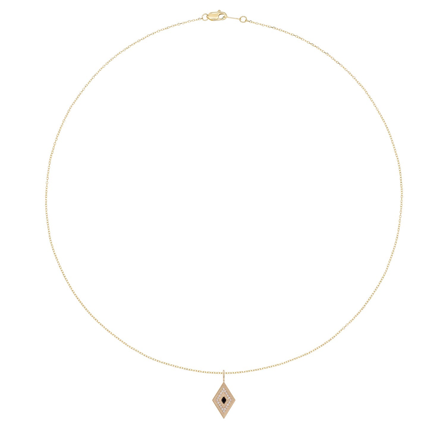 Vale Jewelry Theodora Amulet with Black Onyx and White Diamonds on Diamond Cut Cable Chain in 14 Karat Yellow Gold Full Circle