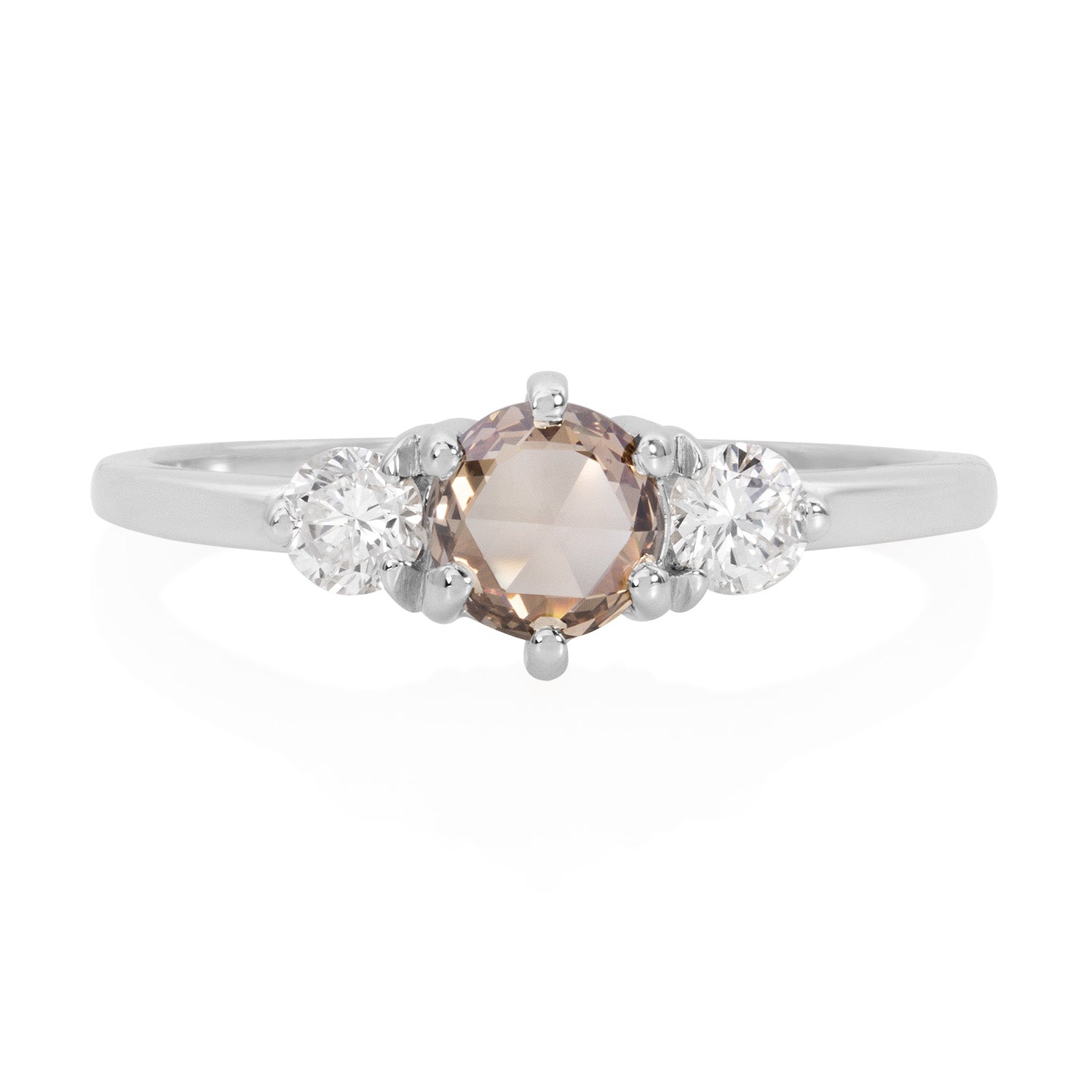 Vale Jewelry Tidals Ring with Champagne Rose Cut Diamond and Round Brilliant Cut White Diamonds in 14 Karat White Gold Front View