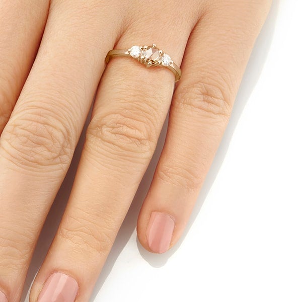 Vale Jewelry Tidals Ring with Champagne Rose Cut Diamond and Round Brilliant Cut White Diamonds in 14 Karat Yellow Gold Hand View