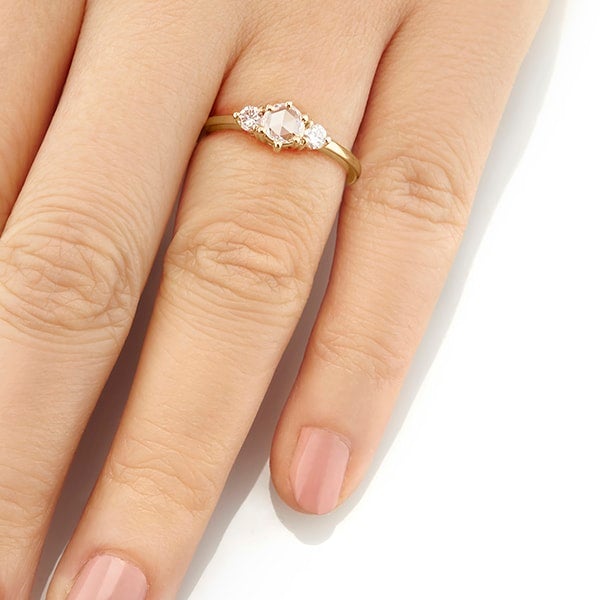 Vale Jewelry Tidals Ring with White Rose Cut and Brilliant Cut Diamonds in 14 Karat Yellow Gold Hand View