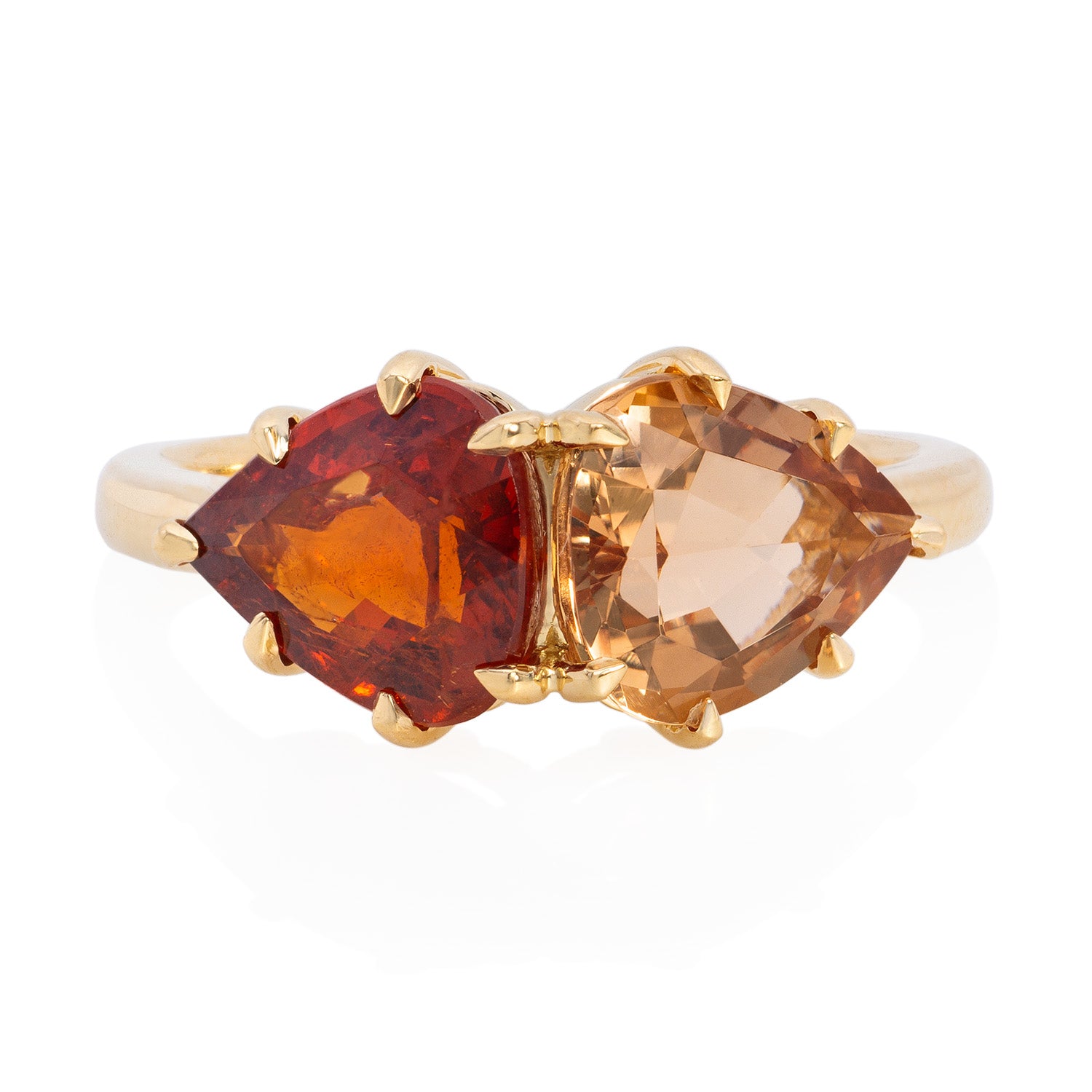 Vale Jewelry Toi Et Moi Spessartite Garnet Ring in 18 Karat Yellow Gold Front View