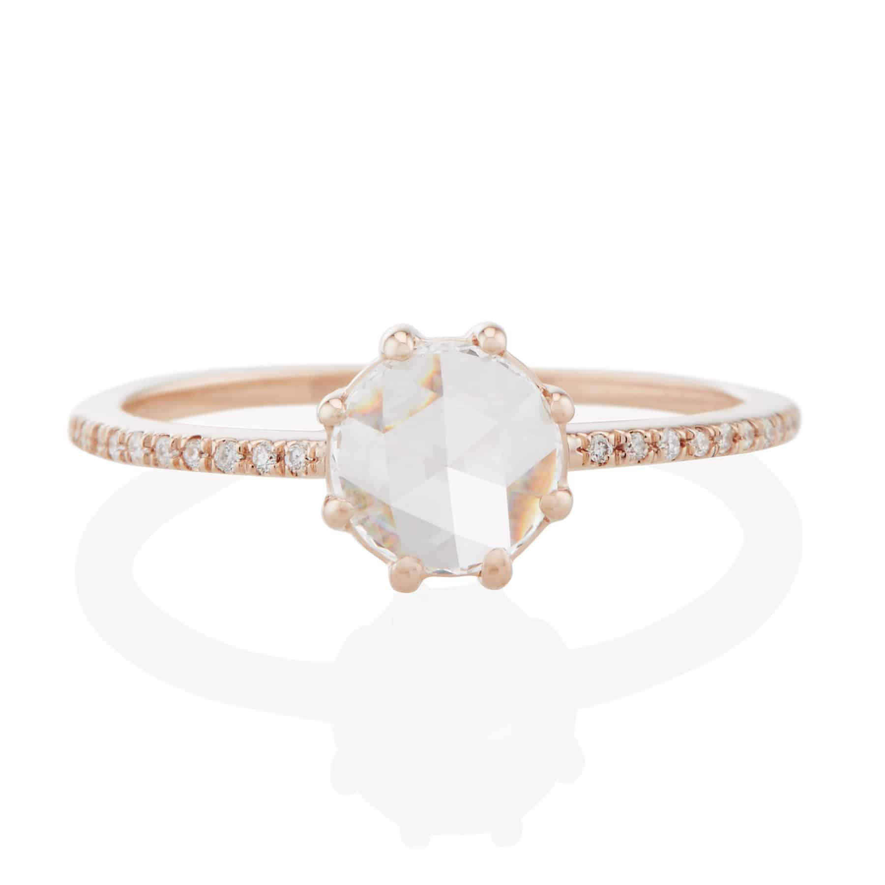 Vale Jewelry Vega Ring with Round Rose Cut White Diamond and Pave White Diamond Accents in 14 Karat Rose Gold Front View