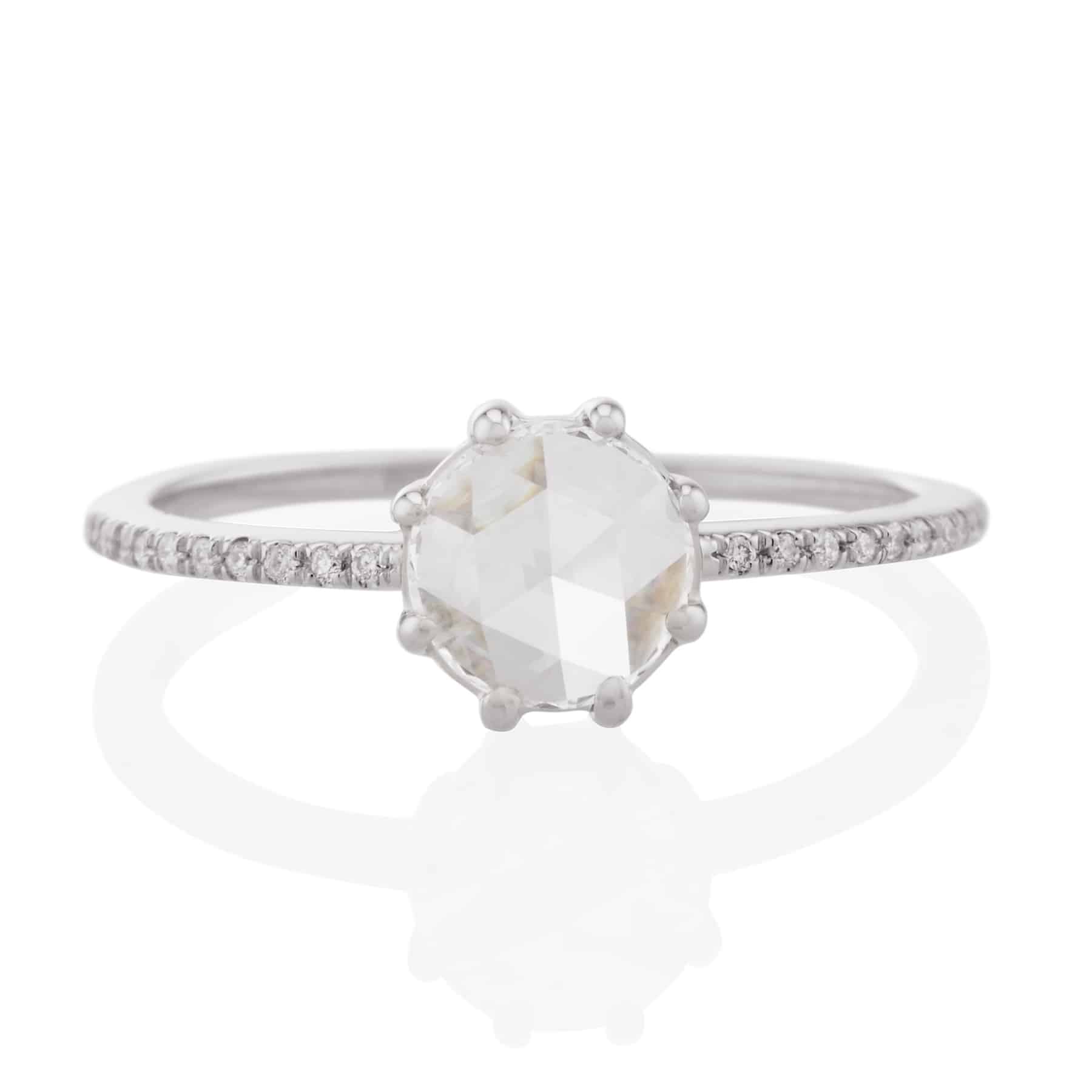 Vale Jewelry Vega Ring with Round Rose Cut White Diamond and Pave White Diamond Accents in 14 Karat White Gold Front View