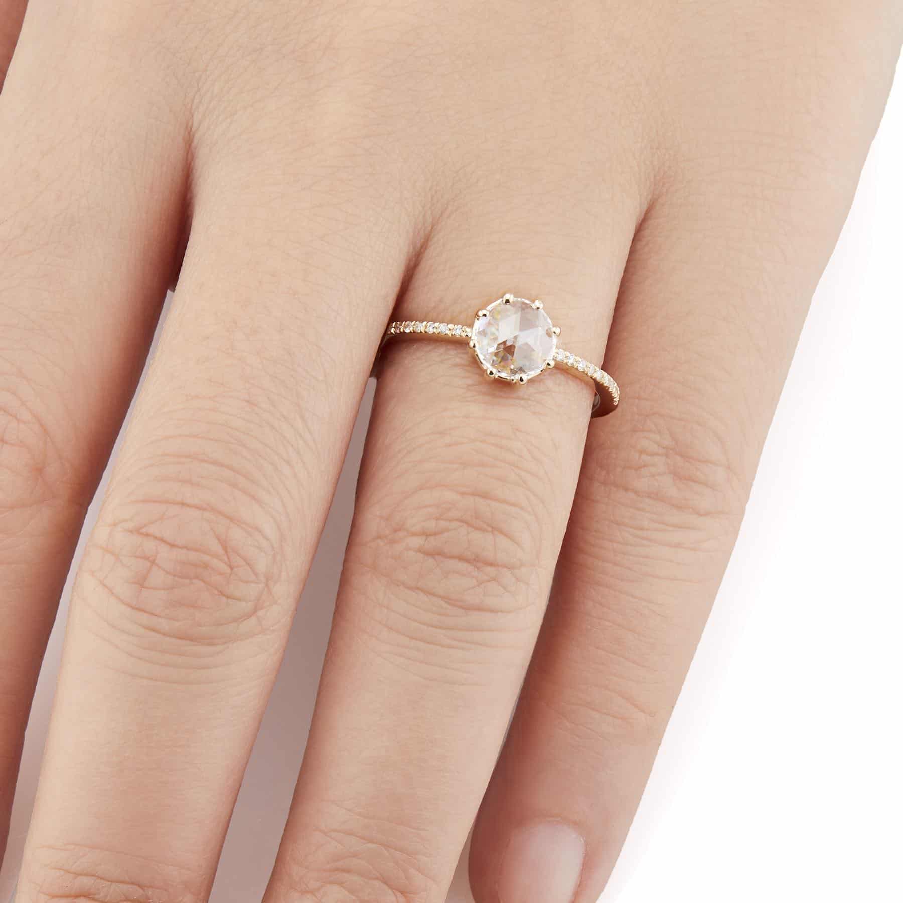 Vale Jewelry Vega Ring with Round Rose Cut White Diamond and Pave White Diamond Accents in 14 Karat Yellow Gold Hand View