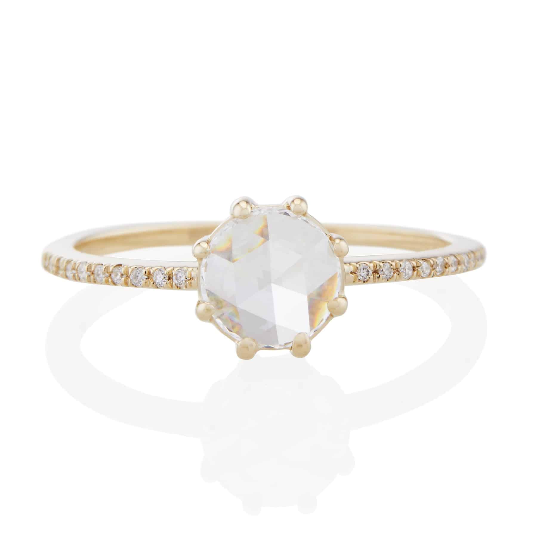 Vale Jewelry Vega Ring with Round Rose Cut White Diamond and Pave White Diamond Accents in 14 Karat Yellow Gold Front View