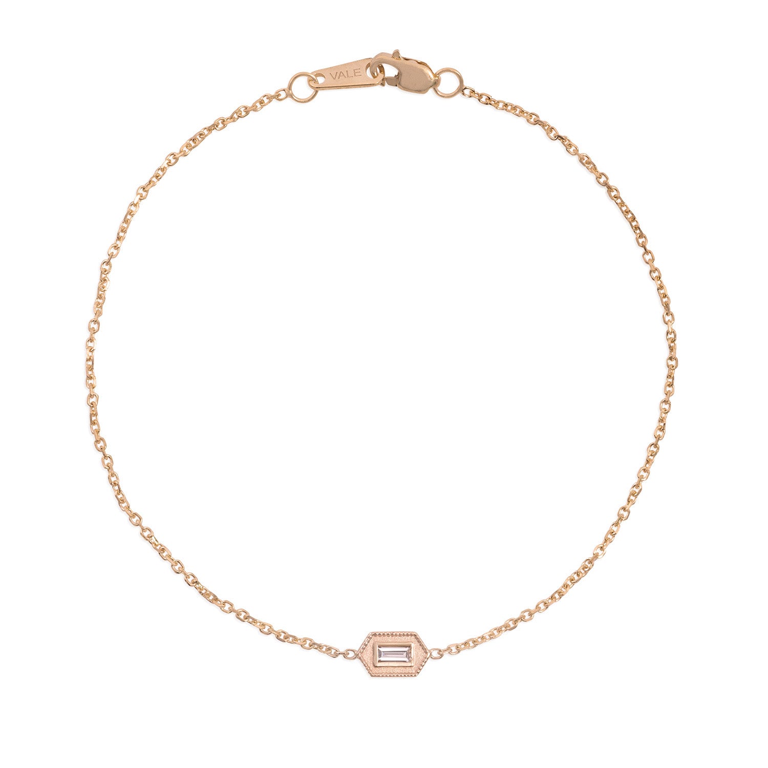 Vale Jewelry Verre Bracelet with Baguette Cut White Diamond on Diamond Cut Cable Chain in 14 Karat Rose Gold Full Circle