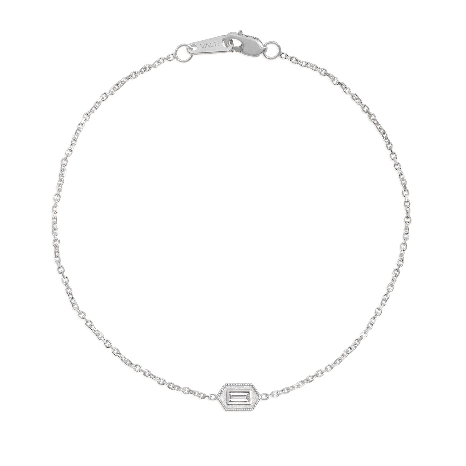 Vale Jewelry Verre Bracelet with Baguette Cut White Diamond on Diamond Cut Cable Chain in 14 Karat White Gold Full Circle