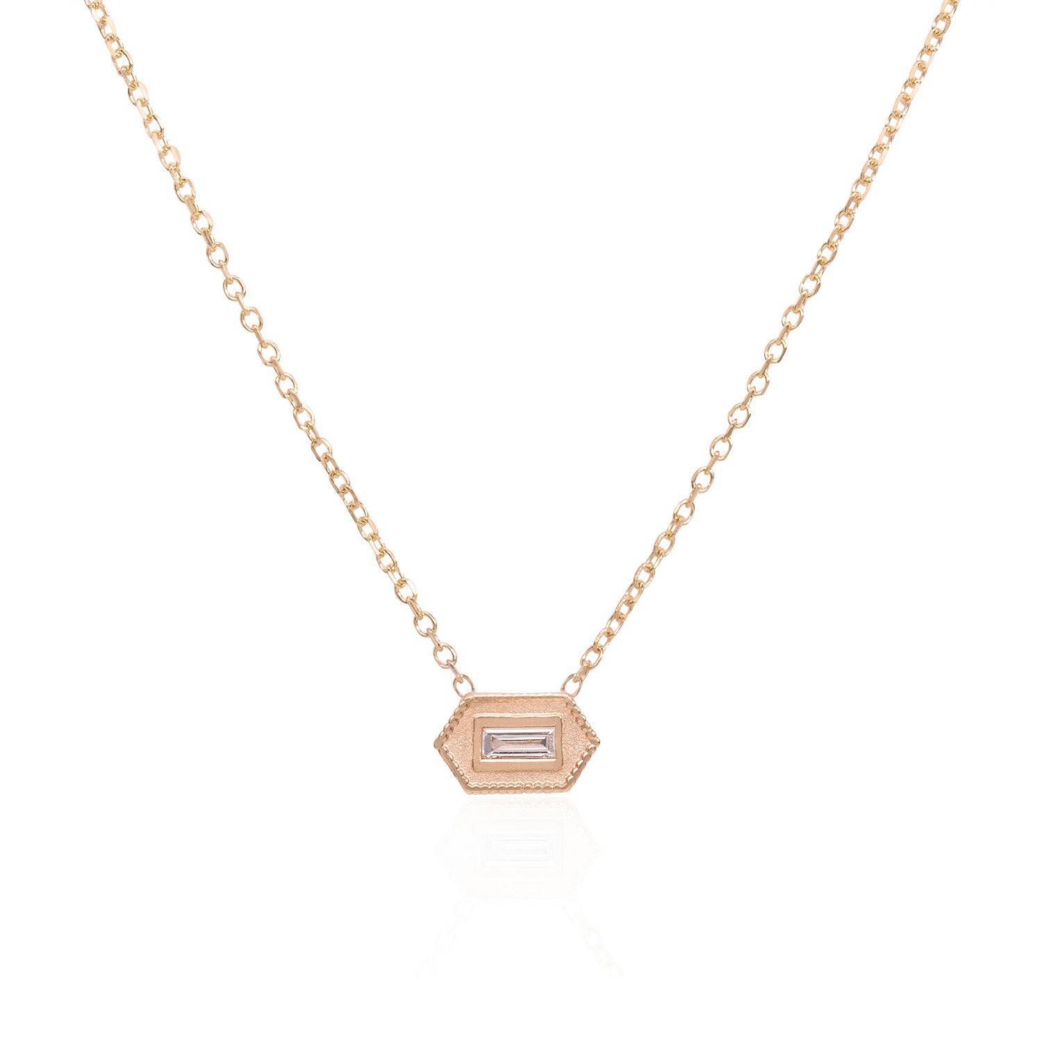 Vale Jewelry Verre Necklace with Baguette Cut White Diamond on Diamond Cut Cable Chain in 14 Karat Rose Gold Close Up